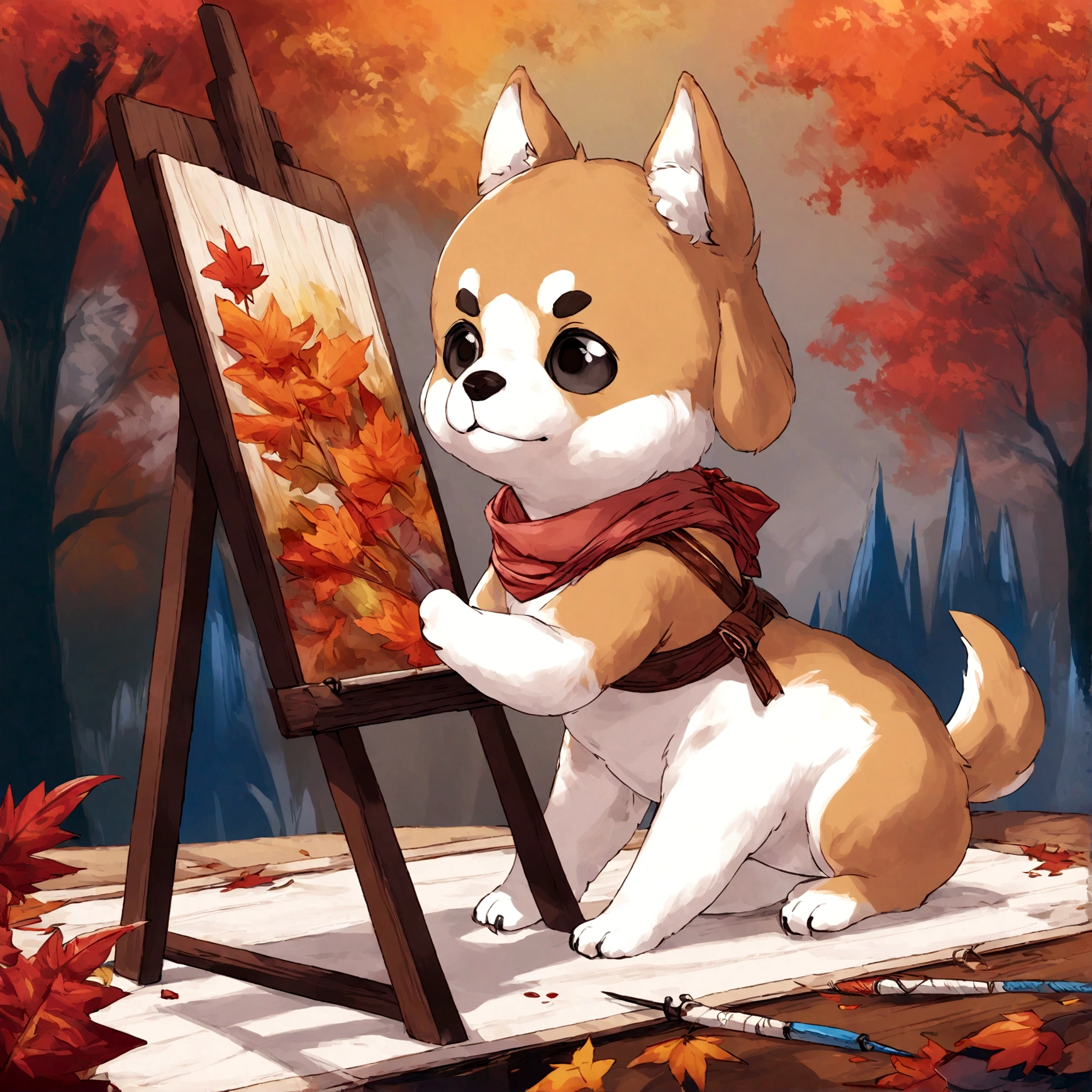 A painterly pup surrounded by a cascade of fall leaves, capturing the essence of the season.