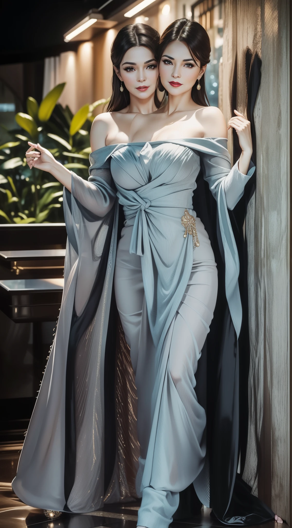 Portrait of a 60-year-old woman with short brown hair, a captivating gaze, Brown eyes, Wrinkles on her face, She wears a very sexy black evening dress that reveals big flabby breasts, Light makeup and red lips. 32K