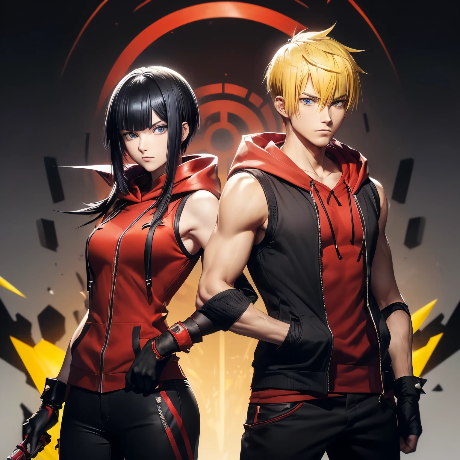 ((Couple)), ((26 years old, male with Yellow hair, Blue eyes, Spiky hair)).
((26 Years Old, female with Black Hair, Hime Cut, Bang)),, ((red scarf)), ((red hoodie vest)), ((sleeveless)), ((black pants)), ((black gloves)), ((Sniper)), slim, up to legs, intimidating aura