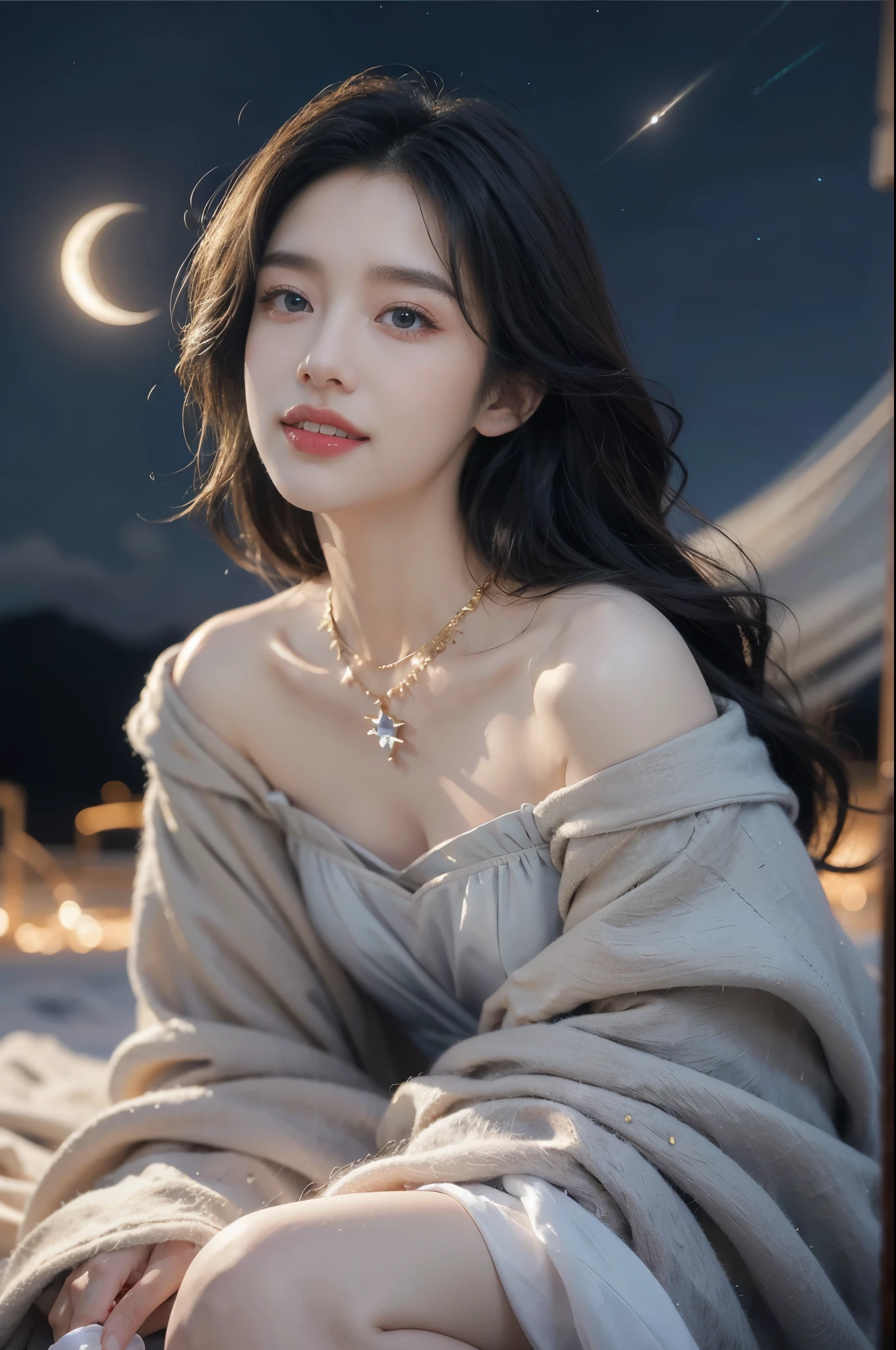 a beautiful girl,gorgeous dress,sitting,on the moon,detailed background of the moon,Moon Goddess,Beautiful Celestial Mage,Goodness of Heaven, Celestial Fairy,very Beautiful fantasy art,8k high quality detailed art,medium straight bob hair,crystal necklace,slim,thin,flat chest,small breasts,best quality,masterpiece,starry sky,night scene,close-up of face,laughing,realistic