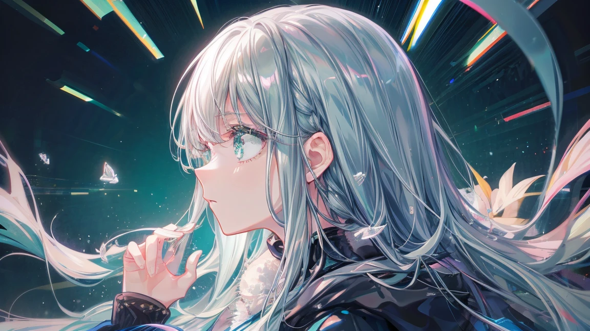 One Girl、Eyes swaying anxiously、profile、Face-down right、Eyelids lowered、Gray Hair、Long Hair、Green Eyes、