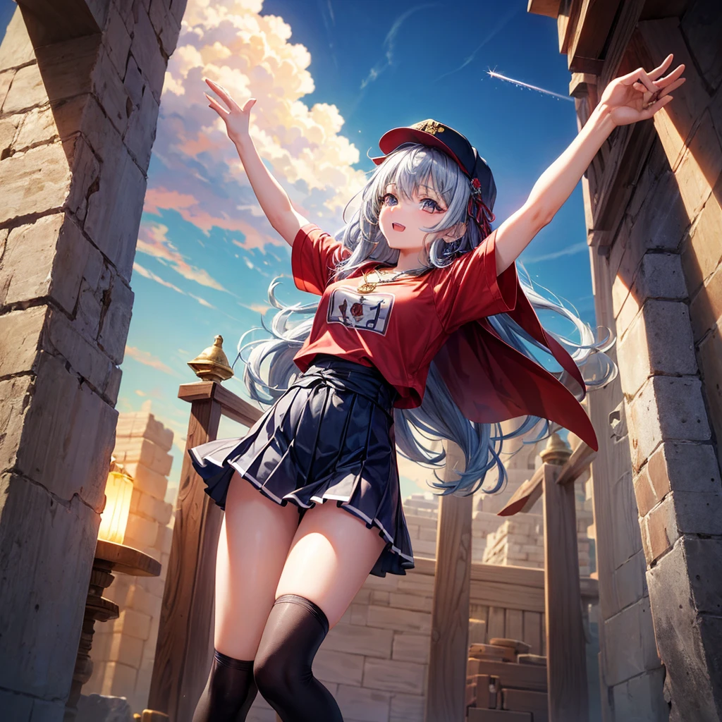 Red Blue Hair、Golden Eyes、Braid、One good looking girl、solo、anime、Checkered mini skirt、Ruffles on the skirt、Red T-shirt、Cape、Gothic、Black knee-high socks、Wearing a baseball cap、Wearing a ribbon、Ribbon on waist、Tilting face、Teeth are visible、Sunset sky、Piercing the clouds、Contrail、Cumulonimbus、Pillar of Light、Silver coin necklace、A world of light、Spreading his arms for balance、shine、Tap from above、bell、torii、Desert Oasis、Magic square in the sky