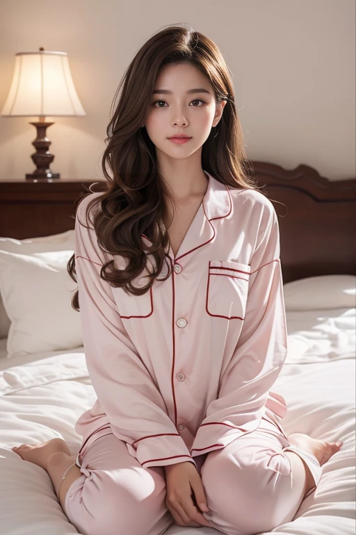 highest quality、4K、Perfect Face、Perfect Style、Sunburn、beautiful、cotton pajamas、Mature、long curly layer brown hair、Swept-back hair、full body, in bedroom、no make up、in morning、sexy 、charming、healthy