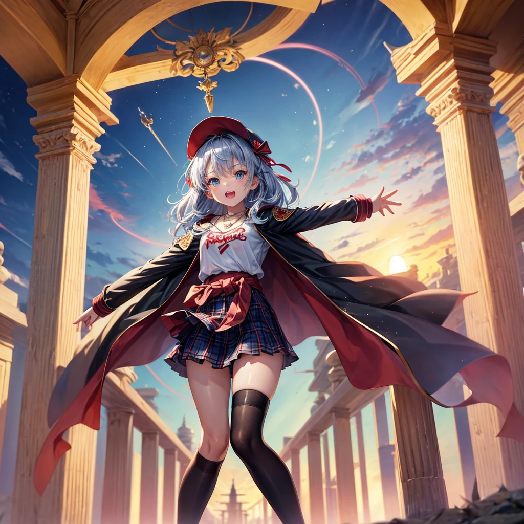 Red Blue Hair、Golden Eyes、Braid、One good looking girl、solo、anime、Checkered mini skirt、Ruffles on the skirt、Red T-shirt、Cape、Gothic、Black knee-high socks、Wearing a baseball cap、Wearing a ribbon、Ribbon on waist、Tilting face、Teeth are visible、Sunset sky、Piercing the clouds、Contrail、Cumulonimbus、Pillar of Light、Silver coin necklace、A world of light、Spreading his arms for balance、shine、Tap from above、bell、torii、Desert Oasis、Magic square in the sky
