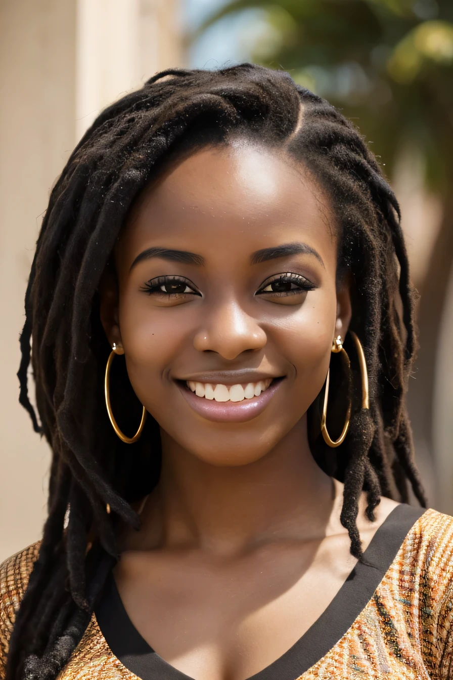 20A beautiful young woman、 (African woman, Black Hair、 An athletic body, Average breast size, Brown eyes, Skin beauty: 1.3), Dreadlocks、Ear piercing、blouse、smile, Beautiful teeth alignment、(Head'artwork, highest quality, Intricate details, Very detailed:1.2), (A person with a dark mood: 1.5), 、 Looking at the camera, Bokeh