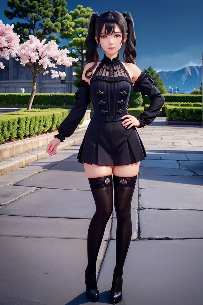 One Girl,Tight waist、 Reflection of light、Night City,cherry blossoms、(high quality,8k, Realistic, 最high quality,masterpiece,Very detailed, Absurd) ,Night cityscape、Night City、Random hair color（Other than black hair）、Blonde、Silver-haired gal、short hair, Randomly placed twin tails、Waves at the ends of twin tails,Curly Hair、Shining Sweat、Perfect Skin,Sweat is noticeable、太もものSweat is noticeable、Knee socks、 Fair skin,Tight waist, Sweating profusely、Sweaty hair、Sweaty clothes、Sweaty、Visible sweat、rain-wet hair、alone,Outdoor、heavy rain、heavy rainで全身びしょ濡れ、heavy rainで全身びしょ濡れの服、High heels、 ((Perfect hand shape))、(Perfect foot shape、Sweet look、Gestures to seduce a man