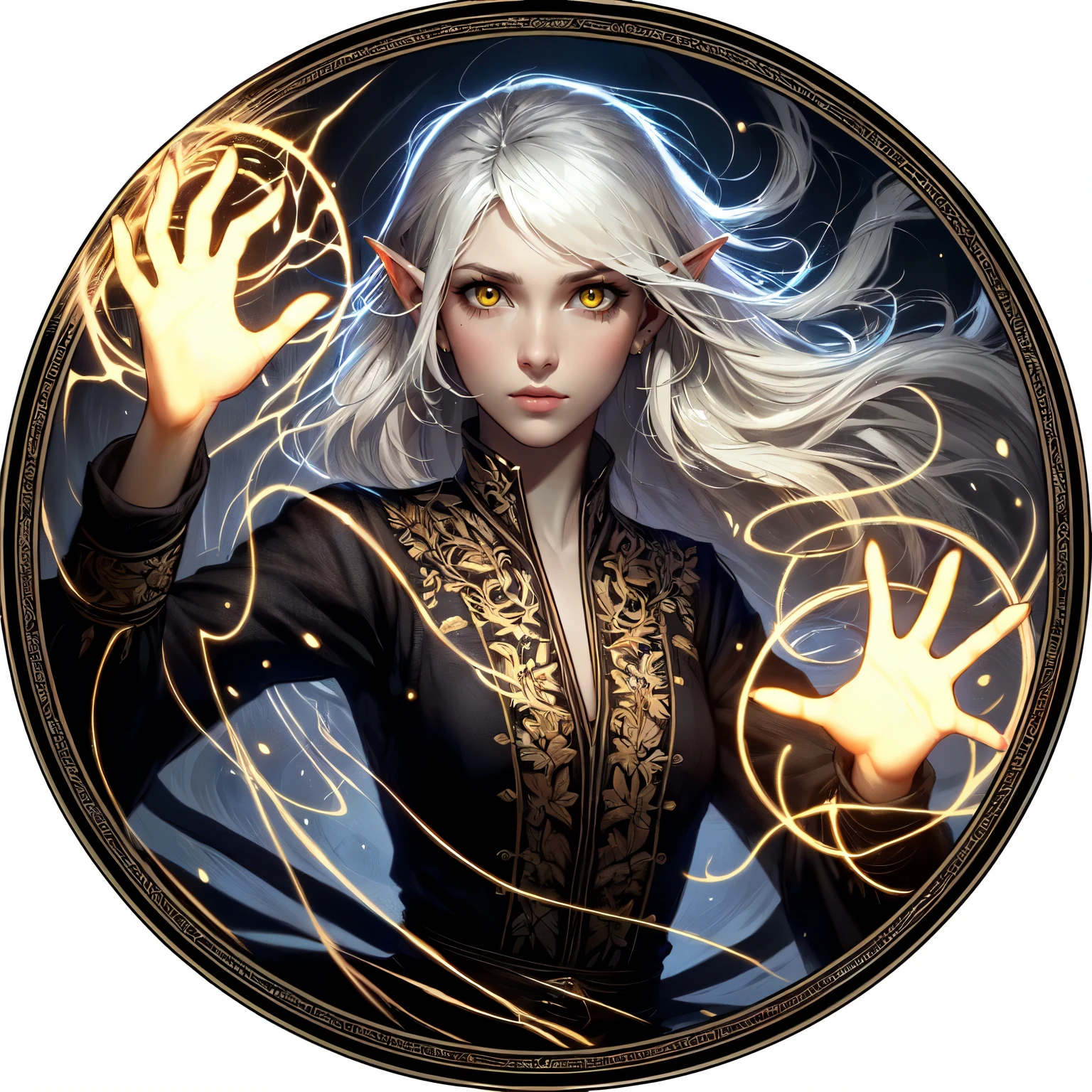 "Create another DnD token depicting a young adult astral elf in a dynamic pose from a dramatic angle, emphasizing her delicate and slightly sickly appearance while casting a spell with her hands. Her large yellow eyes should contrast with her pale visage, and her medium-length straight white hair should be disheveled, as if tossed by the arcane energies she wields. The elf’s outfit should be black European-style travel clothing with gold embroidery, very closed and covering her fully, suitable for journeying. Surround her with a wild magic surge that seems to both empower and overwhelm her, framed within a circular token for use in DnD gaming. Ensure her hand position is natural and dynamic, reflecting the spell-casting action and enhancing the sense of movement and urgency. Give her a fierce, determined expression to emphasize her power and resolve."

