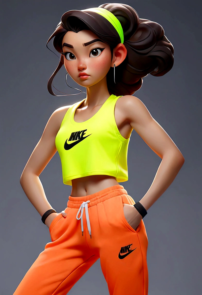 a pretty asian girl, 18 years old, neon color tanktop, jogger pant, grey background, white nike sneakers, standing