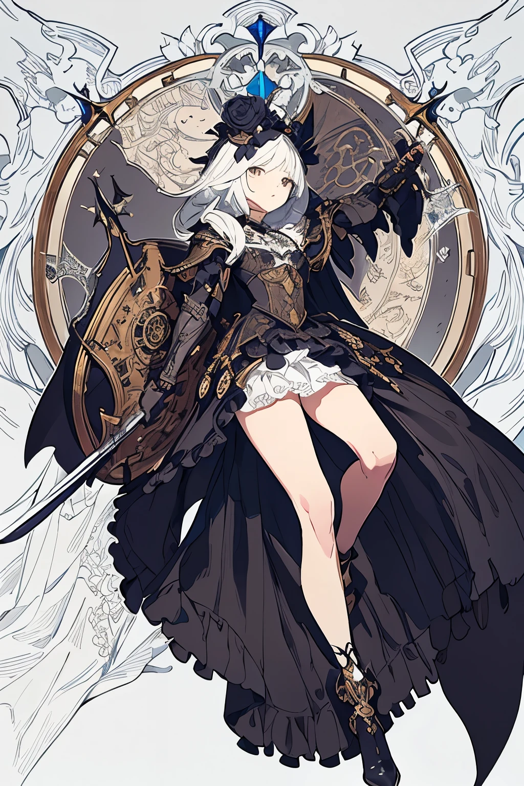 ((best quality)), ((masterpiece)), (detailed), perfect face ((best quality)), ((masterpiece)), (detailed), blank white background, plain background, white background, Bloodborne inspired, occult aesthetic, occult, detailed and intricate steampunk and detailed gothic, (zentangle, mandala, tangle, entangle), NSFW, a beautiful goddess adorned and enshrined in armour, Bloodborne inspired , occult aesthetic , occult , detailed and intricate steampunk and detailed gothic , wielding a sword and holding a shield, Fluttering lace flared short dress with frilly petticoats, NSFW, beautiful small breasts, small breasts, full body, whole body, body,