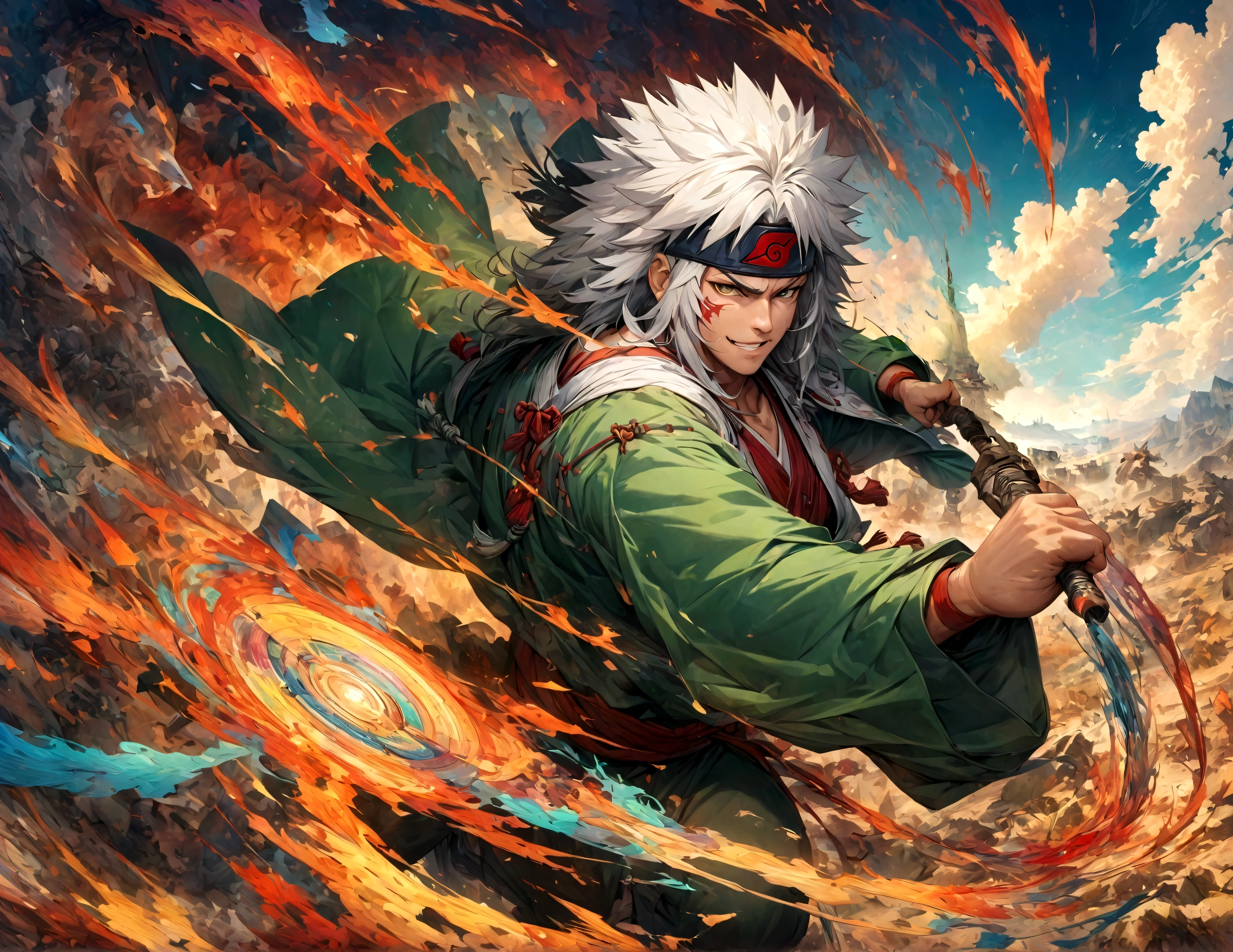Fix the background,(1 middle-aged male,Jiraiya,Gray Hair,Green kimono,White Haori),alone,comics『Naruto』Characters,,Use of magic,Fighting Style,Sarcastic smile,Magical Effect,Enjoy the fight,Moderately dirty,A long piece of washi paper with ancient characters engraved on it spins in the air.,tattoo,Forehead protector,A fusion of abstract and digital art,Dynamically,Perfect composition,Anatomically correct,,Intricate details,Wide range of colors,artwork,rendering,,(highest quality:1.4),(Very detailed:1.5),High resolution,Very detailed,unity 8k wallpaper,