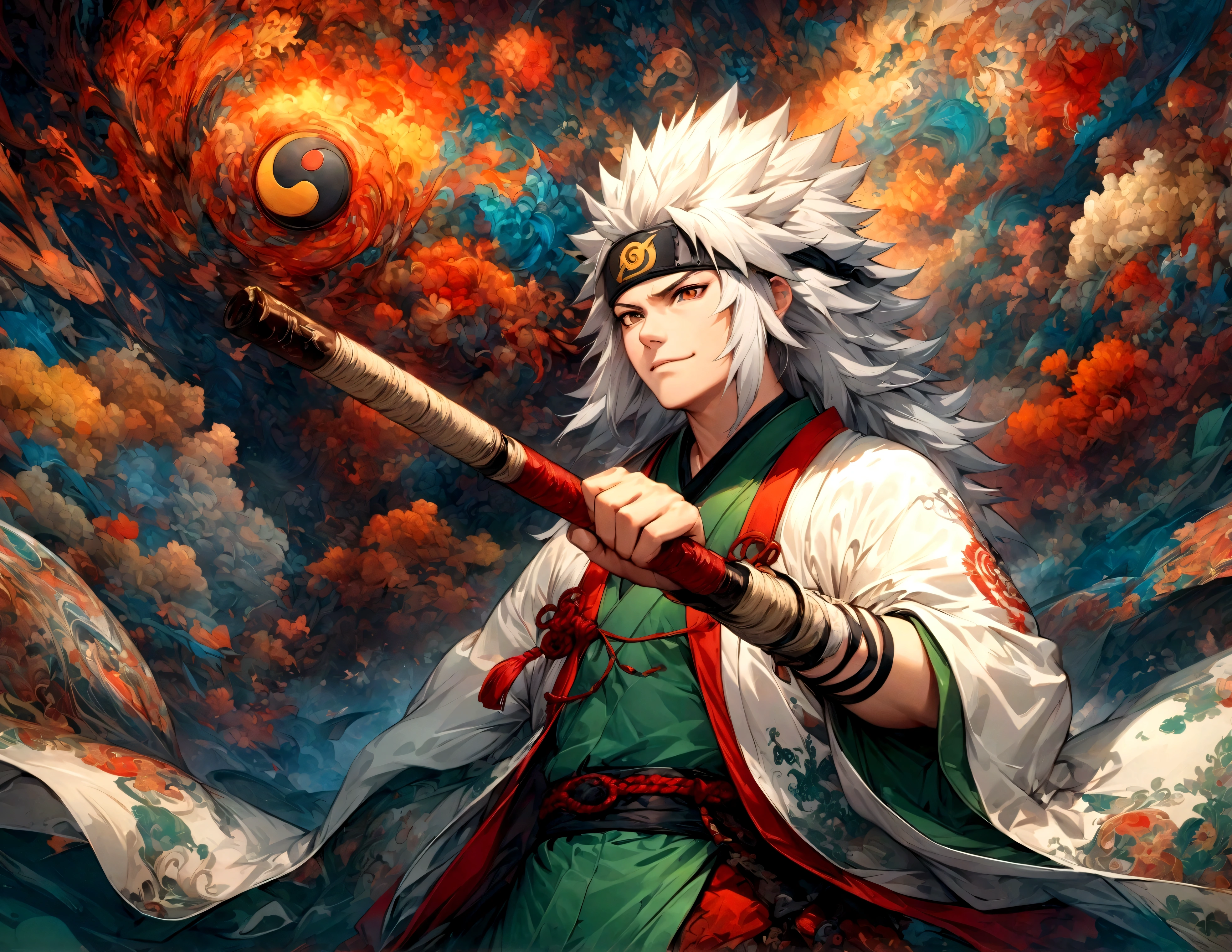 (1 middle-aged male,Jiraiya,Gray Hair,Green kimono,White Haori),alone,comics『Naruto』Characters,,Use of magic,Fighting Style,Sarcastic smile,Magical Effect,Enjoy the fight,Moderately dirty,A long piece of washi paper with ancient characters engraved on it spins in the air.,tattoo,Forehead protector,A fusion of abstract and digital art,Dynamically,Perfect composition,Anatomically correct,,Intricate details,Wide range of colors,artwork,rendering,,(highest quality:1.4),(Very detailed:1.5),High resolution,Very detailed,unity 8k wallpaper,Intricate details,Carefully draw down to the smallest detail,Draw artistic background,Yin and Yang,Five elements,ninjutsu,