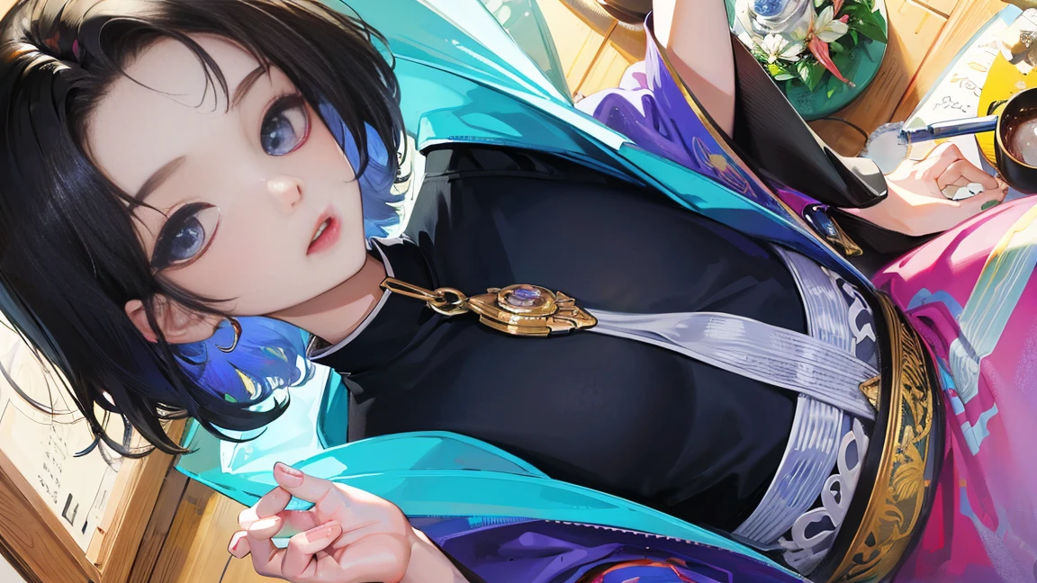 Absurd, masterpiece, highest quality, Bright colors, Beautiful Korean women in webtoons , Beautiful short bob hair , Characters in Korean dramas, Anime Eyes, Semi-casual attire, masterpieceの背景, Detailed Background