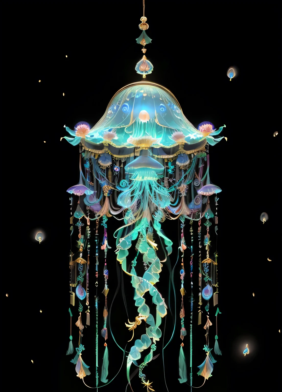 A jellyfish hanging from a string of beads, Jellyfish Priestess, Jellyfish Phoenix, Animation New Art Universe Display, jellyfish headdress, Jellyfish Miko 8k, Jellyfish Phoenix, Jellyfish Miko, jellyfish god, Victorian Era,jellyfish elements, Jellyfish Temple, Jellyfish Phoenix dragon, space jellyfish, jellyfish elements, phoenix jellyfish, neon jellyfish headdress, jellyfish elementss