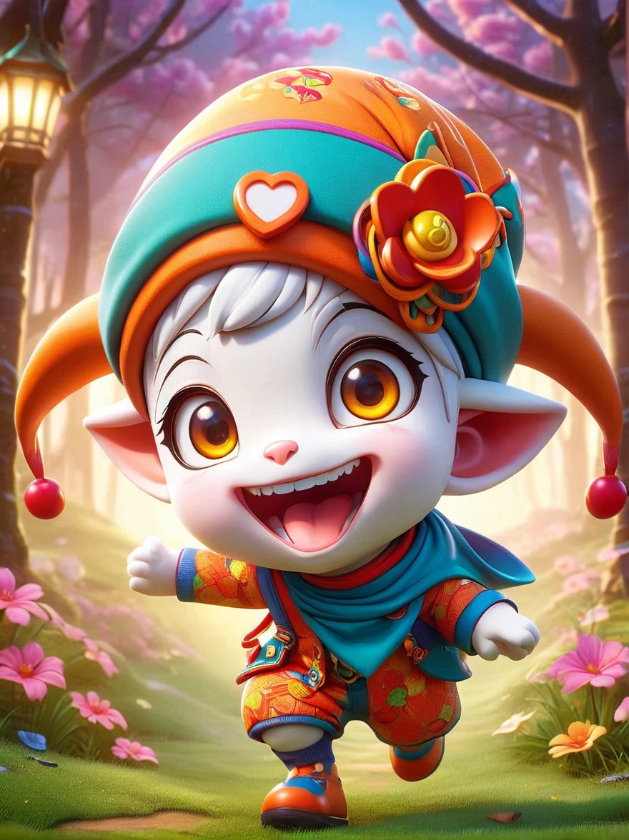 (chibi)，(masterpiece, top quality, best quality, official art, beautiful and aesthetic:1.2), Cute lamb, koi, chibi face，Grass，Red scars，Grin，Wearing chaotic and brightly colored clothing，Cute cartoon crossbody shoulder bag，Orange cartoon glasses，Patterned beanie，anatomically correct, masterpiece, accurate, award winning, 8k, 1fkxc1