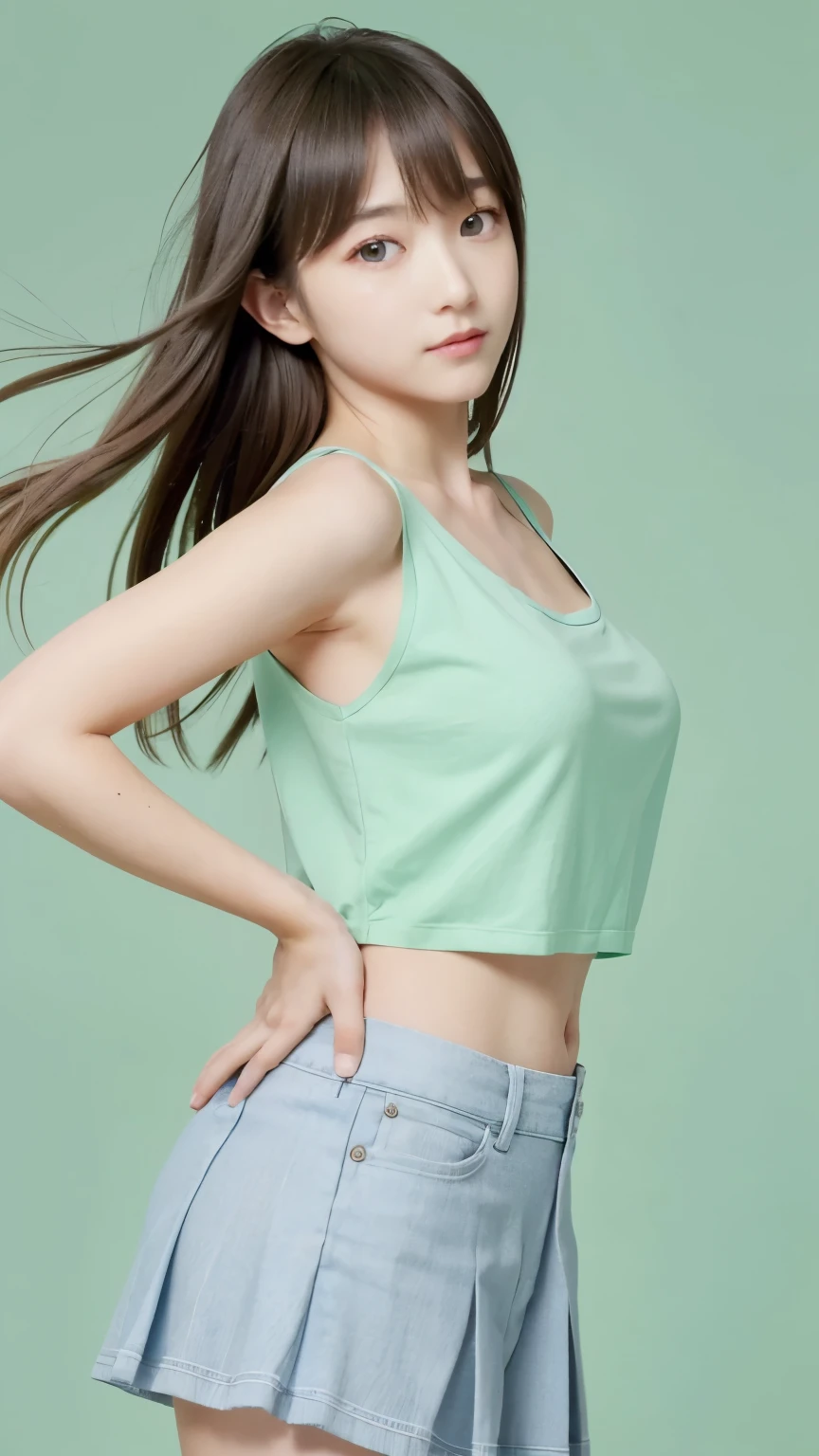 masterpiece,highest quality,1 Girl,delicined face, 前hair, just_arm, just_shoulder, green_eye, clavicle, (high resolution:1.48)、(13 years old:1.48)、(服がタイトin体のラインがわかる:1.48)、cowboy_shot, crop_superior, High leg, High leg, length_hair, looking for_in_peeping in the viewer, belly button, Realistic,  一人in, Are standing, 