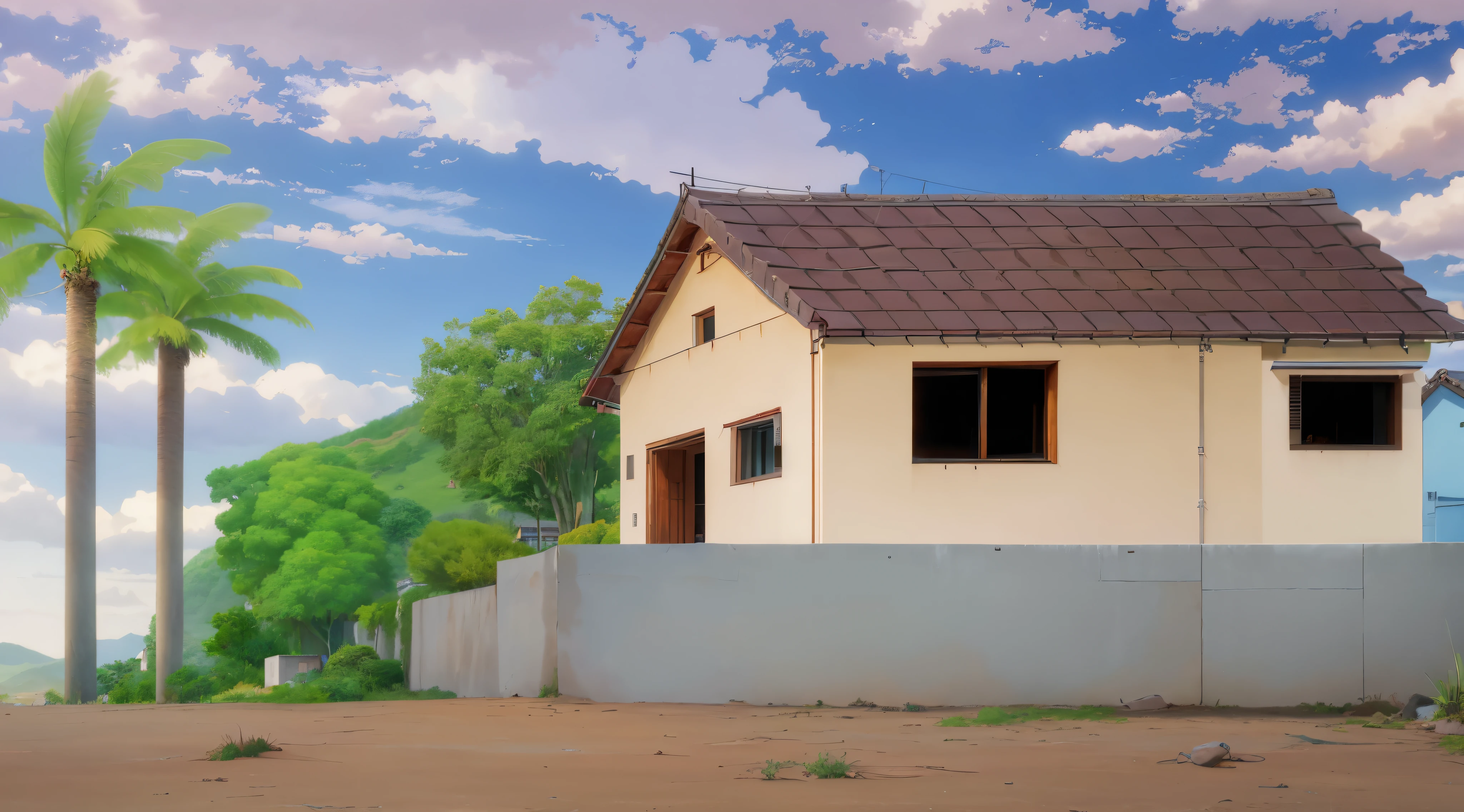 there is a house with a palm tree in the background, residential area, house on background, house background, random background scene, japanese house, basic background, anime countryside landscape, background image, one house, house on a hill, village house, house illustration, house and home, anime background art, some houses in the background, location of a dark old house