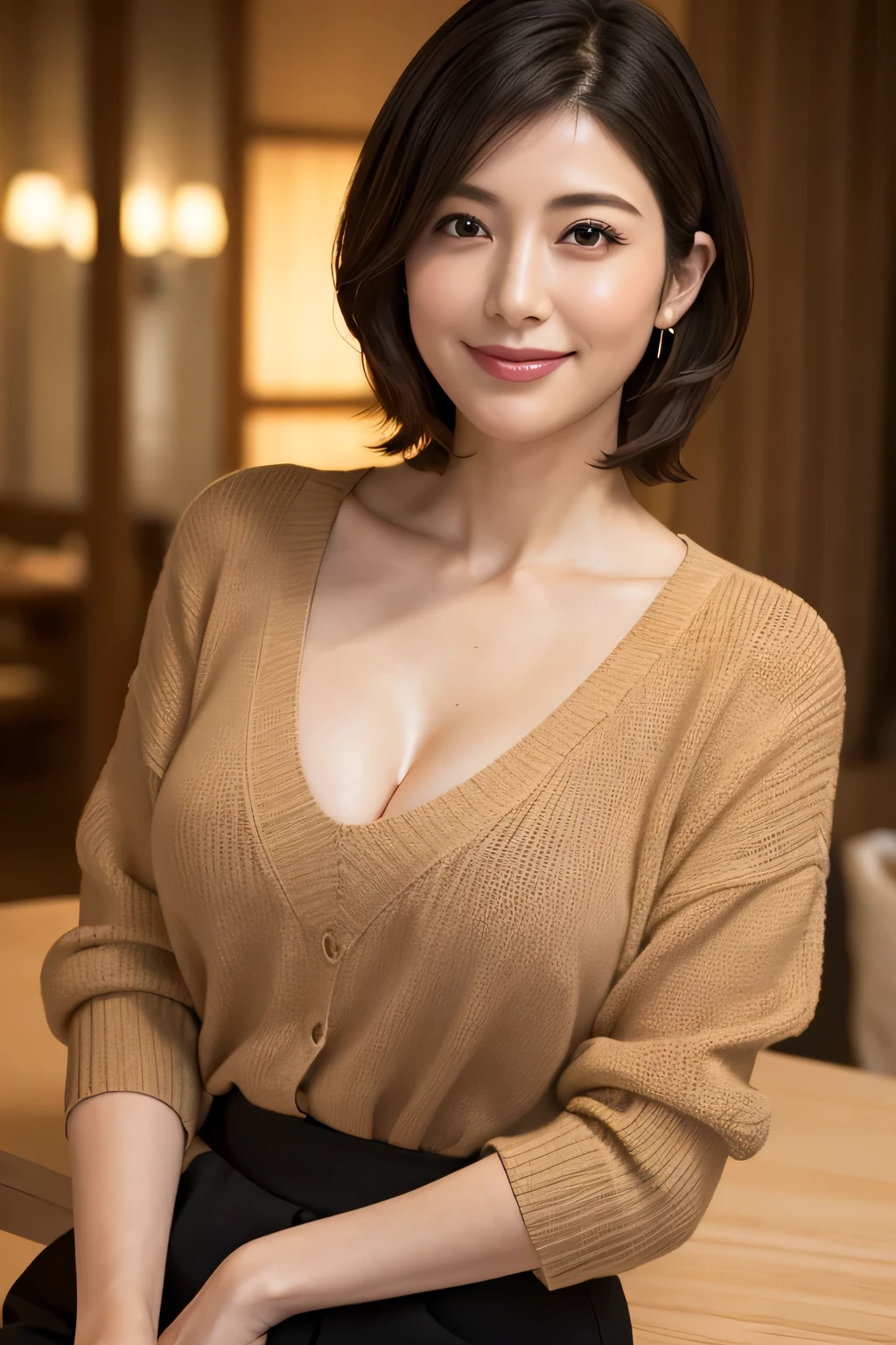 8k, highest quality, masterpiece, Realistic, Realistic, Very detailed, Natural light, Shapely large breasts, Her cleavage is visible, 1 Japanese female, 45 years old, Black Hair, short hair, Straight hair, (Look up at the viewer from below), Pale orange light knit V-neck shirt, Very detailedな顔と肌, Very detailedな目, Very detailedな顔と肌,Bright smile