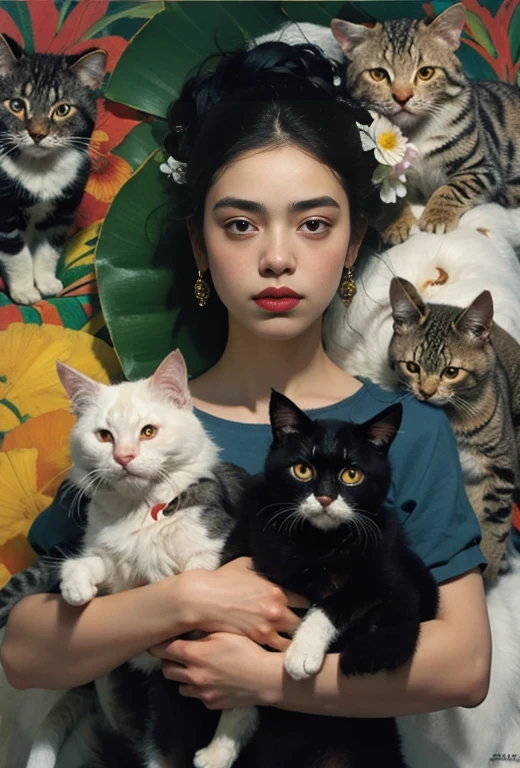 painting of a woman with two cats in her arms, inspired by Kahlo, frida, inspired by Frida Kahlo, inspired by Vladimir Tretchikoff, by Nil Gleyen, chie yoshii, by Frida Kahlo, by Galen Dara, by Virginia Lee Burton, with cats on her side, by Jeka Kemp, by Juan O'Gorman