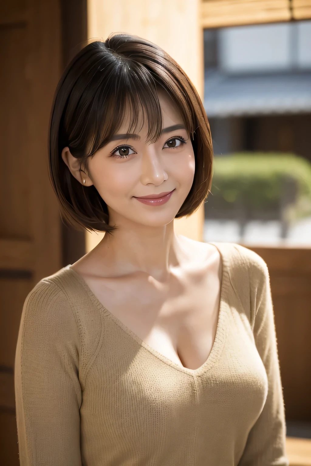 8k, highest quality, masterpiece, Realistic, Realistic, Very detailed, Natural light, Shapely large breasts, Her cleavage is visible, 1 Japanese female, 45 years old, Black Hair, short hair, Straight hair, (Look up at the viewer from below), Pale orange light knit V-neck shirt, Very detailedな顔と肌, Very detailedな目, Very detailedな顔と肌,Bright smile