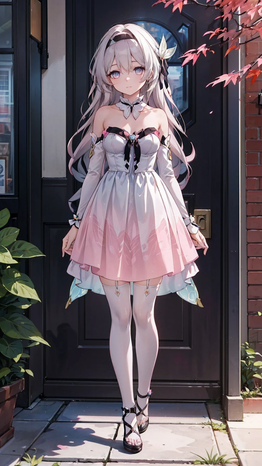 (Pink strapless dress :1.5), silver Long hair, black _ hair band, X-shaped _ eyebrows, hair band, POE _ Hair, bangs, bare shoulders, full body shot, white stockings, white heels, outdoor, red Maple Grove