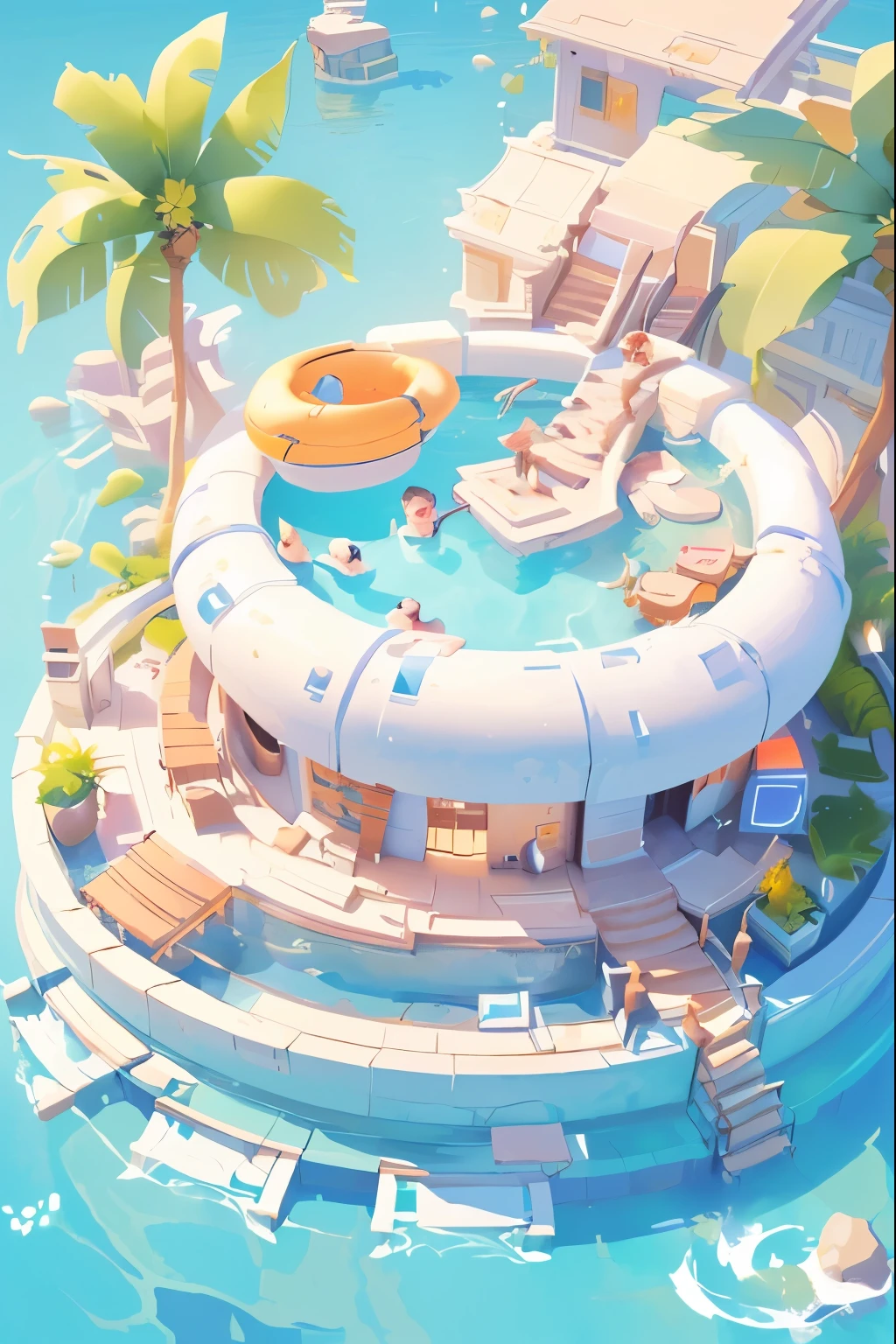 a rendering of a floating pool with a house and a pool, relaxing concept art, ross tran. scenic background, trending on cgstation, by Ryan Yee, cute detailed digital art, by Yanjun Cheng, anime background art, anime scenery concept art, cgsociety, pool , artwork in the style of guweiz, by Russell Dongjun Lu