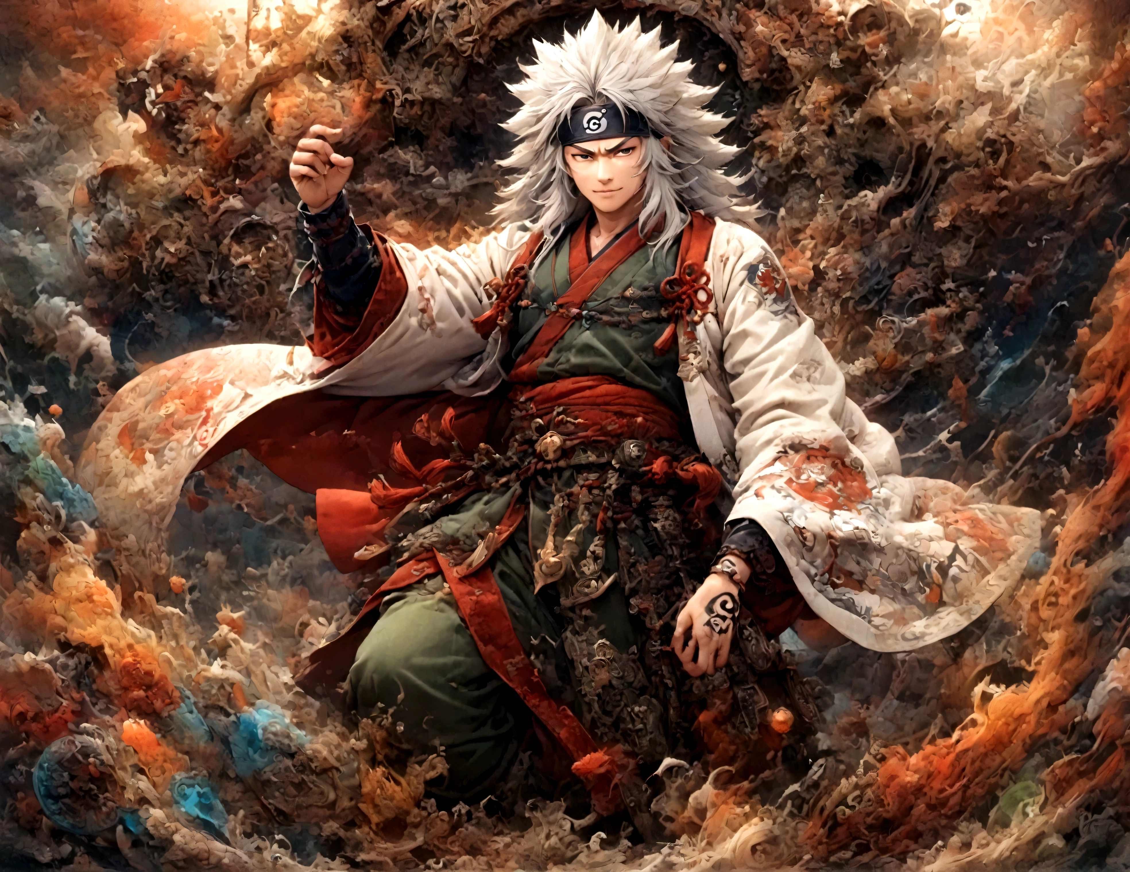 (1 middle-aged male,Jiraiya,Gray Hair,Green kimono,White Haori),alone,comics『Naruto』Characters,,Use of magic,Fighting Style,Sarcastic smile,Magical Effect,Enjoy the fight,Moderately dirty,tattoo,Forehead protector,A fusion of abstract and digital art,Dynamically,Perfect composition,Anatomically correct,,Intricate details,Wide range of colors,artwork,rendering,,(highest quality:1.4),(Very detailed:1.5),High resolution,Very detailed,unity 8k wallpaper,Intricate details,Carefully draw down to the smallest detail,Draw artistic background,Yin and Yang,Five elements,ninjutsu,
