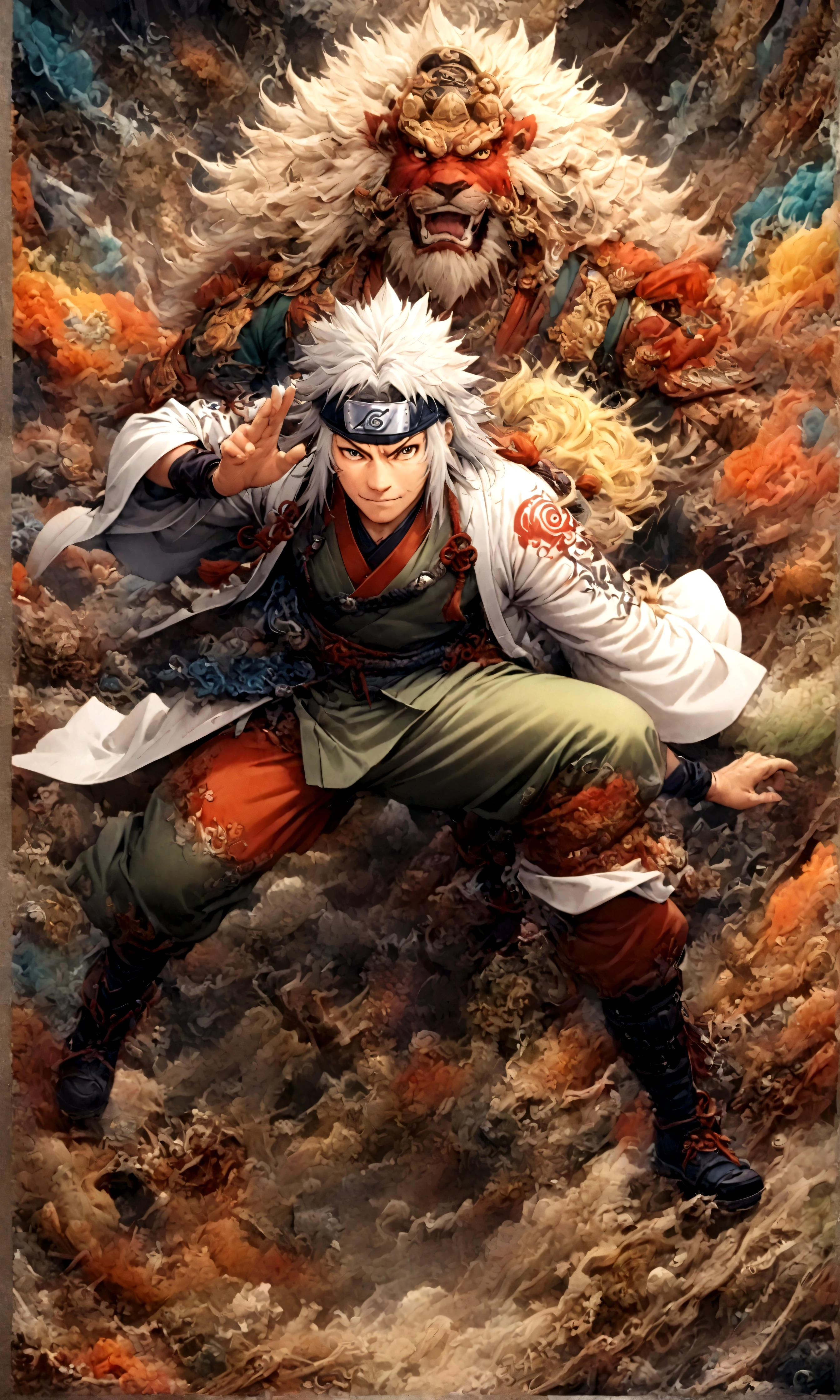 (1 middle-aged male,Jiraiya,Green kimono,White Haori),alone,comics『Naruto』Characters,,Using Ninjutsu,Fighting Style,Sarcastic smile,Ninjutsu Effects,Enjoy the fight,Moderately dirty,,tattoo,Forehead protector,Digital Art,An illustration,Intricate details,Intricate details,Wide range of colors,artwork,rendering,,(highest quality:1.4),(Very detailed:1.5),High resolution,Very detailed,unity 8k wallpaper,Draw artistic background,Yin and Yang,Five elements,ninjutsu,