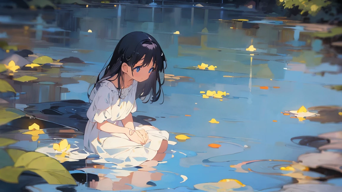 Absurd, High resolution, (Anime Style:1.1), ((Tabletop)), ((highest quality)), (Very detailed), (beautiful), alone, beautiful face、9. Blue Reflection:A woman sitting by a tranquil blue pond,Her figure blends in with the surrounding nature.。The water surface ripples gently,Creates a sense of calm and clarity。