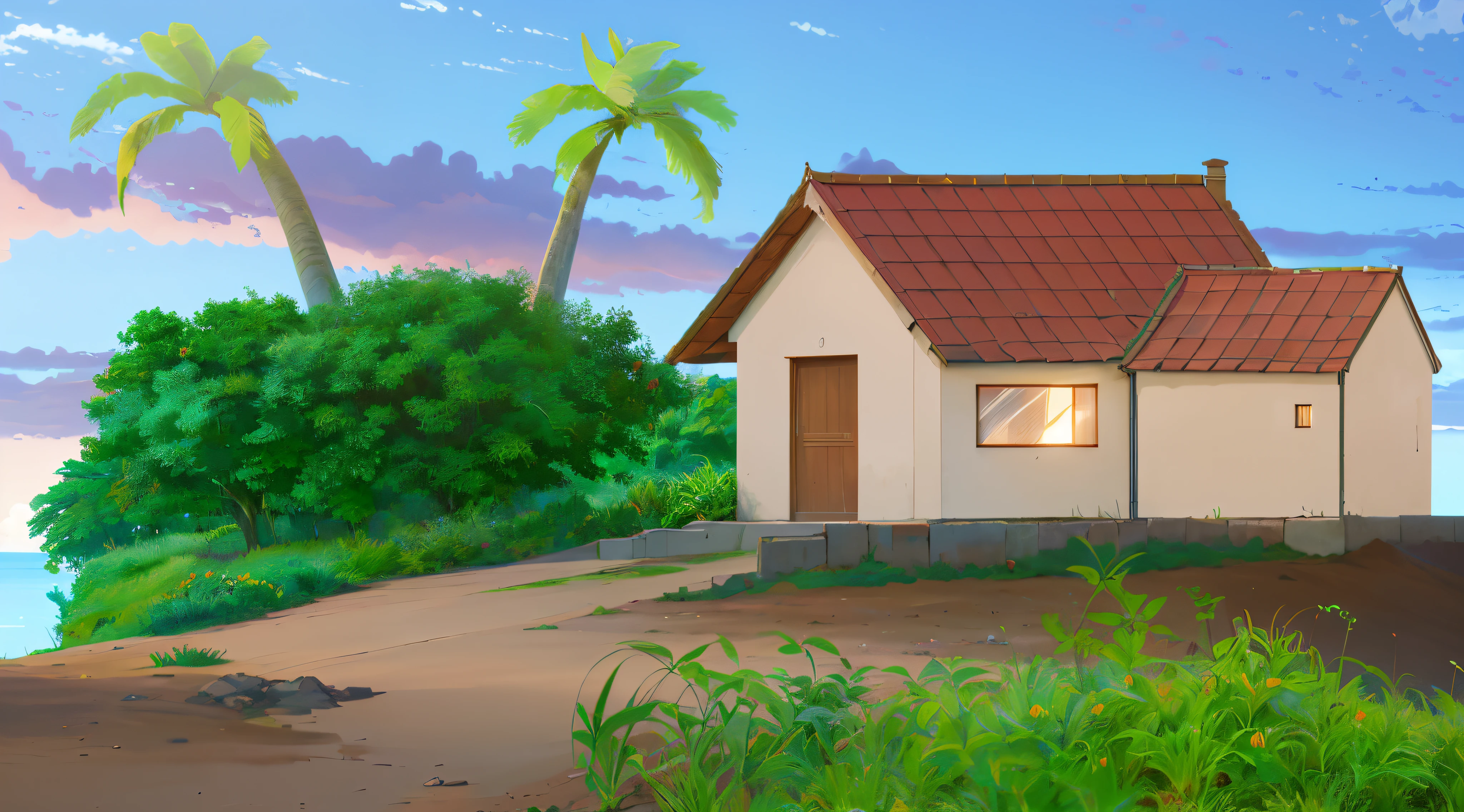 there is a small house on a hill with a palm tree, random background scene, anime countryside landscape, house background, some houses in the background, small cottage in the foreground, savana background, distant village background, my home, house on background, basic background, tropical location, background artwork, sunny environment, colonial house in background, peaceful environment, wide establishing shot, anime, anime background, anim style, 4k, 4k anime background, 4k anime, 4k detailed,