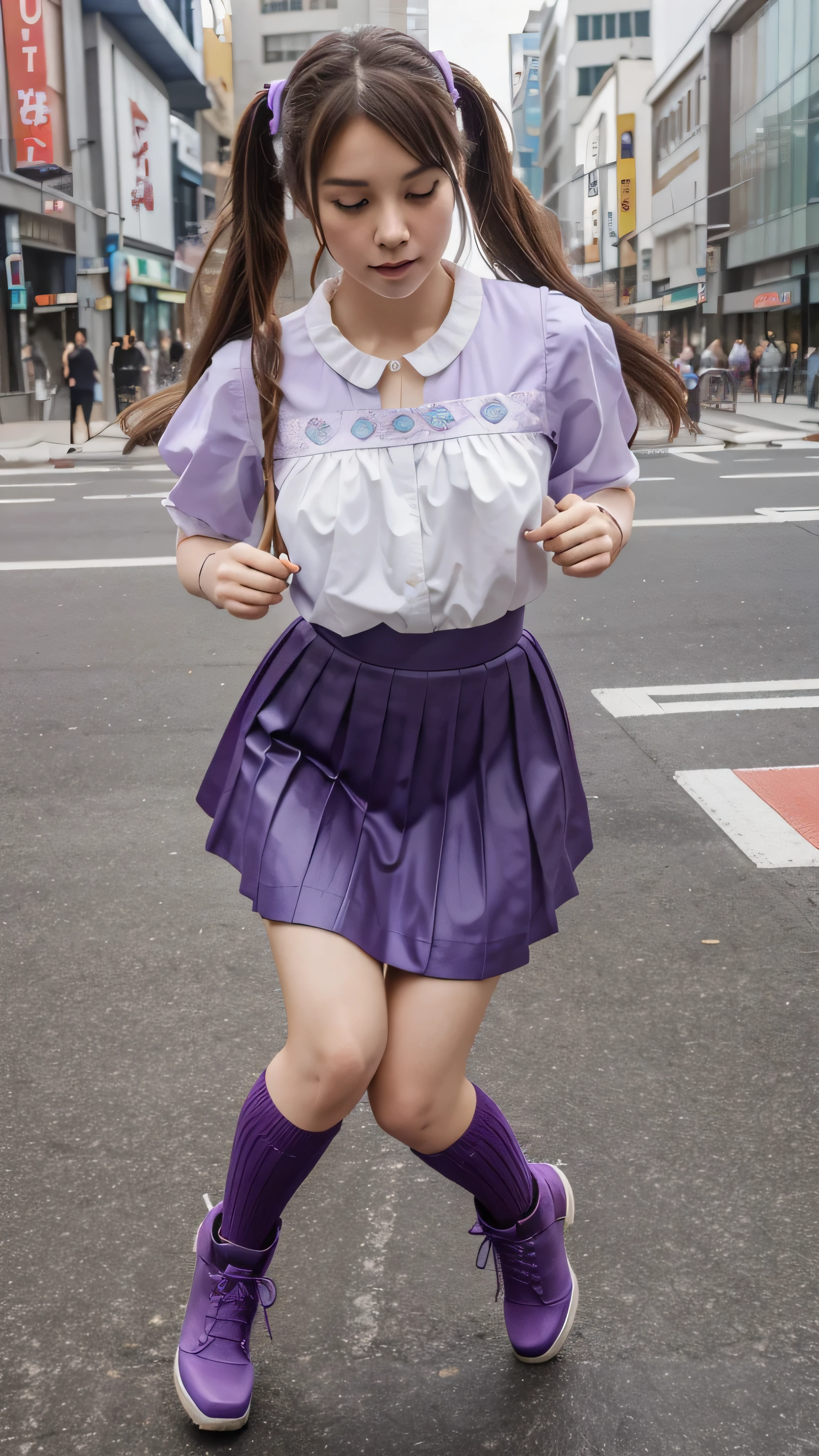 ((masterpiece, best quality))1girl, solo, fashion purple dress modern future, electric guitar, headphones, ponytail, holding, holding plectrum, instrument, very very long brown hair, music, one side up, teal hair, twin tails, playing guiter, pleated long skirt fashion, fashion cosplay japan dress modern purple and white, interior, full body, purple, sit down in retro classic chair, walking, jumping, beautiful boot modern, background japan city, fashion costume cosplay japan modern, execited, dancing, jumping, running, fighting, having lunch