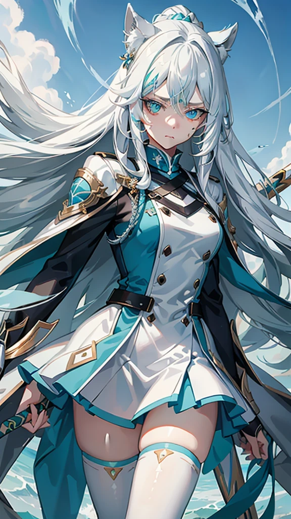 Adult woman, Long white hair, Cyan eyes, White general uniform, spear, blue lipstick, Anger, Masterpiece, hiquality