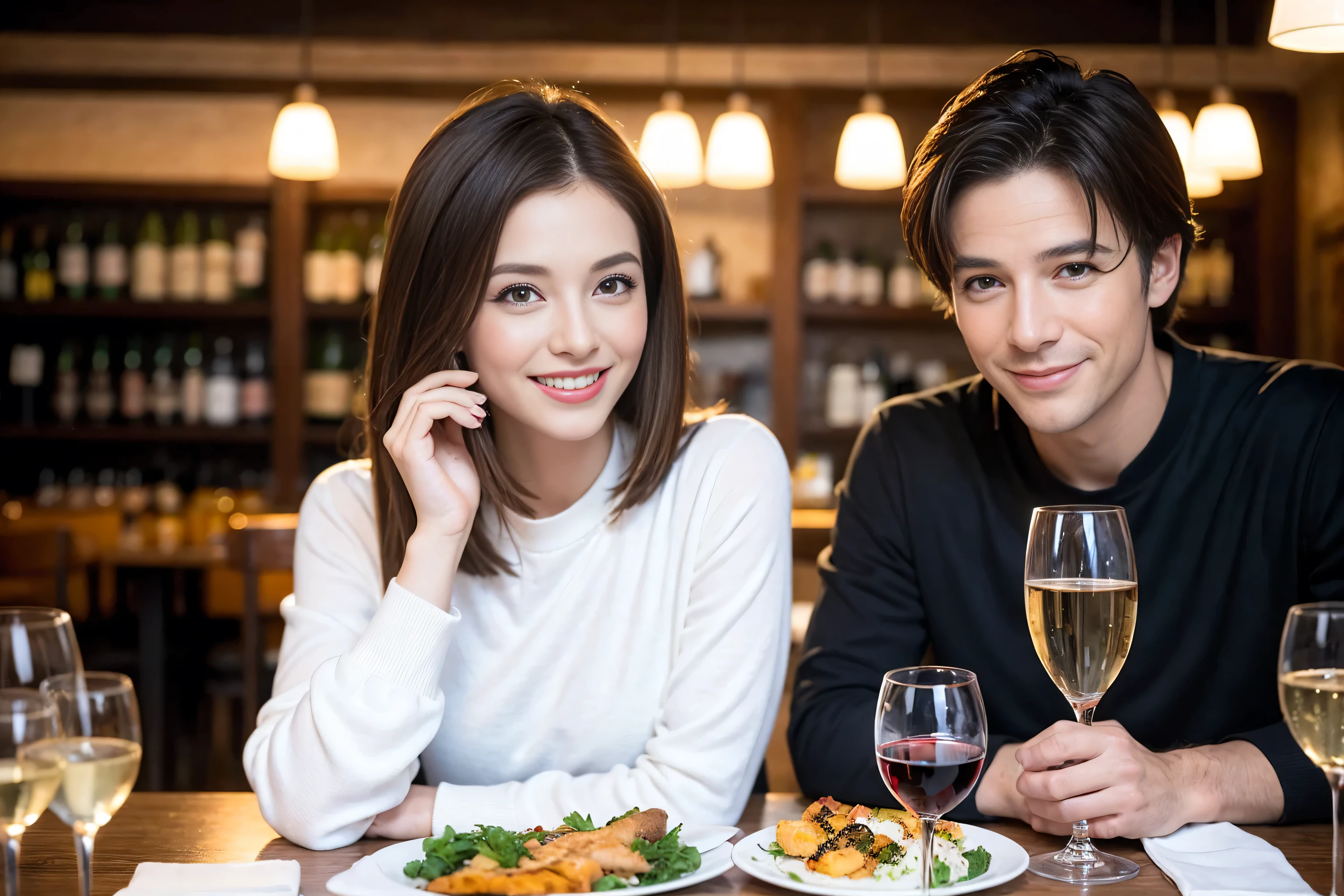 ((highest quality、8k、masterpiece:1.3))、1 male 1 female、lover、Beautiful couple、Smile、full-course dinner、 (Slim face), (the body is スリム), (Brown Hair), (Shortcuts), ((Bob Hale、Straight hair:1.2)), Wine glass on the table、shine a light on your face、 Amazing view of the sunset sky and clouds、The beauty of a smile、Shortcuts, (42 years old), 39 years old, Appetizers、Italian food、Wine bottle、Champagne、sparkling wine、Long sleeve shirt、dress、Attractive beauty、restaurant, Nova Frog Style, actress, model, Upper Body, White wine, red wine, wine glass,