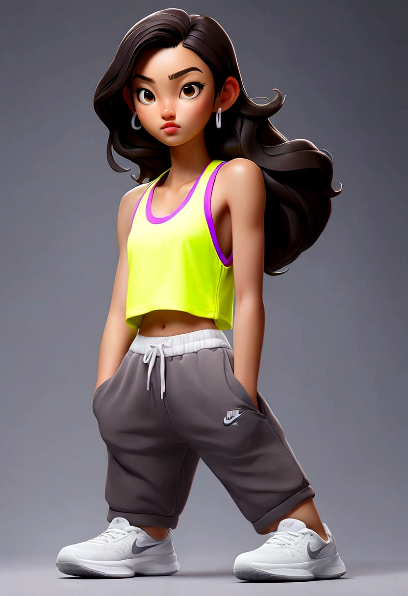 a pretty asian girl, 18 years old, tanktop, cargo pant, grey background, sneakers