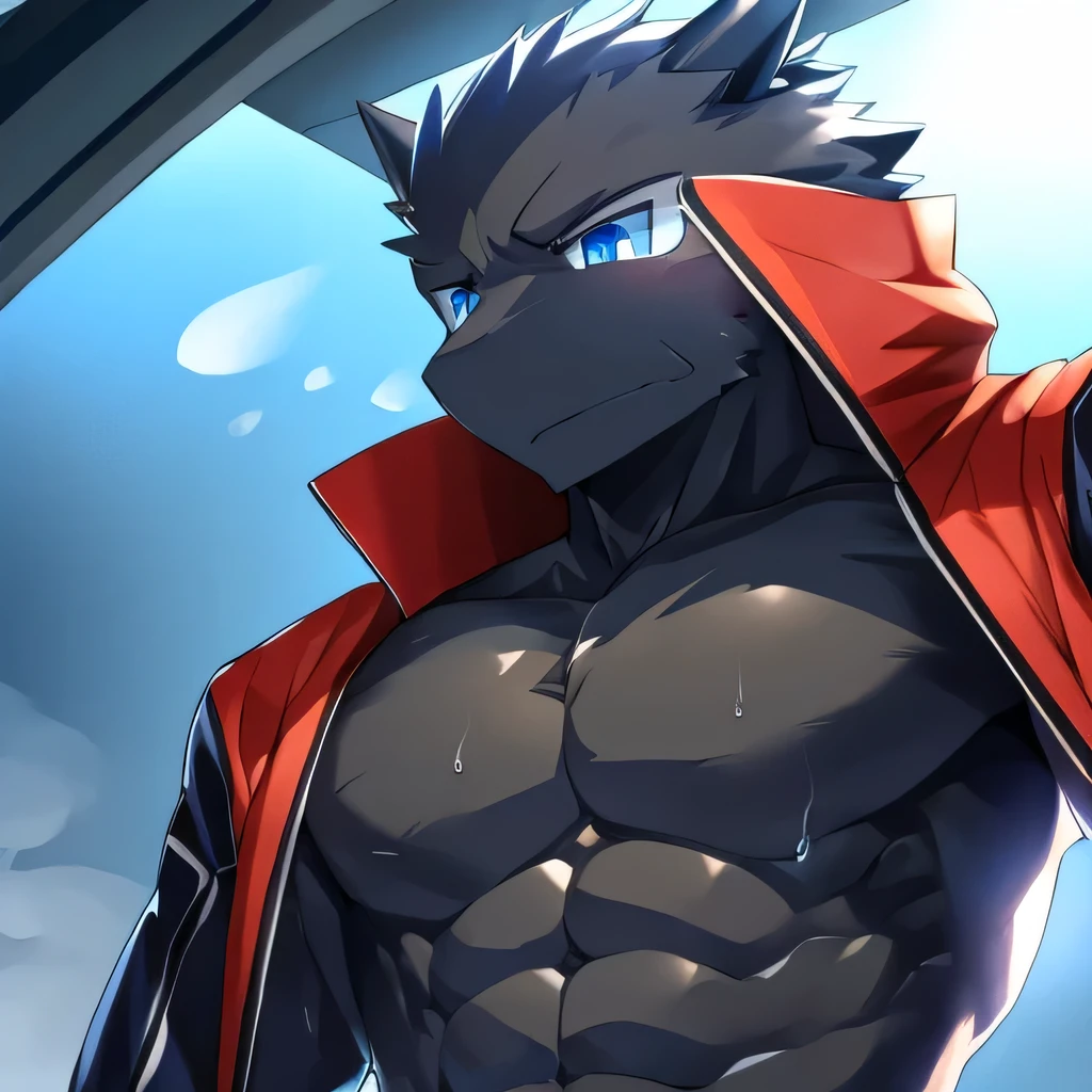 Thin macho western black dragon abs Hollow abs body suit thick arms chest rig 、sweaty skin glow profile Wearily short of breath Chemo shota
have a blue eyes Tired look jacket