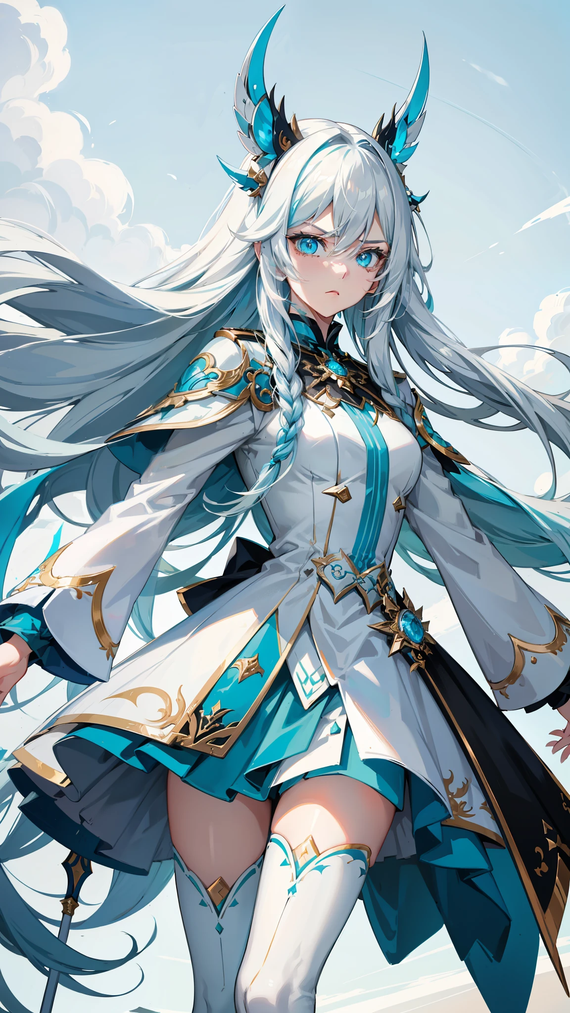 Adult woman, Long white hair, Cyan eyes, White general uniform, spear, blue lipstick, Anger, Masterpiece, hiquality