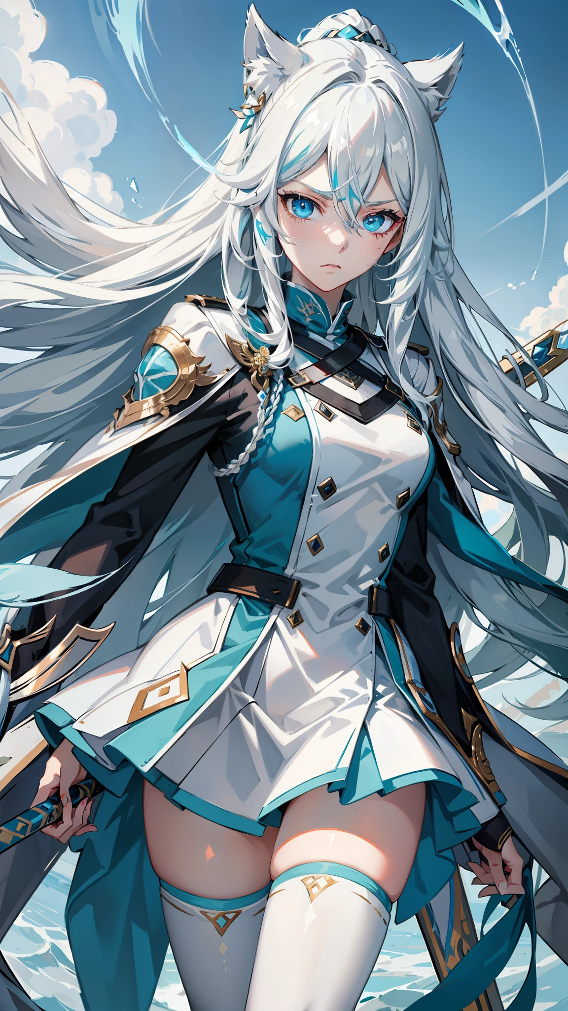 Adult woman, Long white hair, Cyan eyes, White general uniform, spear, blue lipstick, Anger, Masterpiece, hiquality