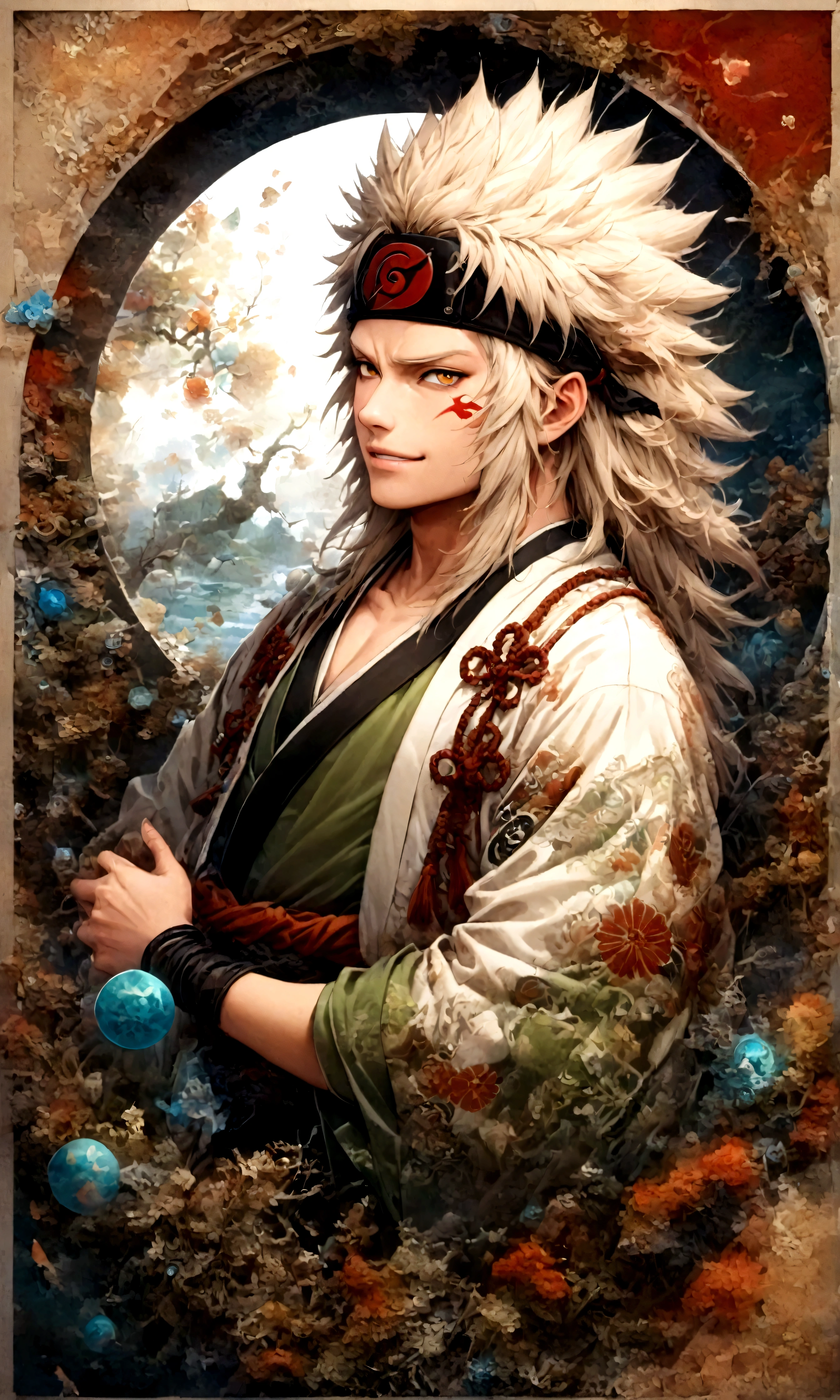 (1 middle-aged male,Jiraiya,Green kimono,White Haori),alone,comics『Naruto』Characters,,Using Ninjutsu,Fighting Style,Sarcastic smile,Ninjutsu Effects,Enjoy the fight,Moderately dirty,,tattoo,Forehead protector,Digital Art,An illustration,Intricate details,Intricate details,Wide range of colors,artwork,rendering,,(highest quality:1.4),(Very detailed:1.5),High resolution,Very detailed,unity 8k wallpaper,Draw artistic background,Yin and Yang,Five elements,ninjutsu,