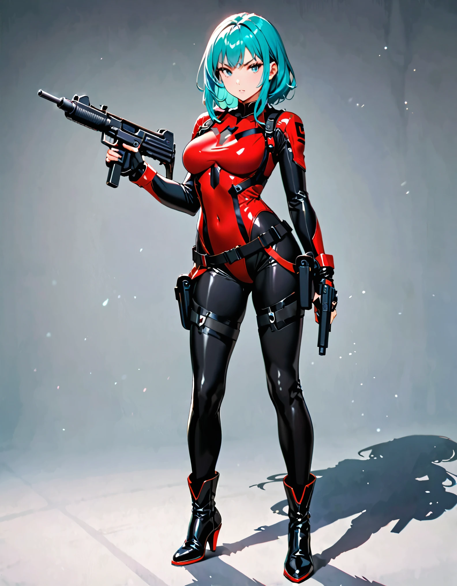 masterpiece, highly detailed, best quality, high quality, 1girl, (solo, solo focus), grey eyes, beautiful detailed eyes, beautiful detailed face, perfect hands, complete fingers, perfect anatomy, perfect proportions, long aqua hair, using uzi, detailed shadows, detailed light, (black skintight bodysuit, red leotard, shoulder holster), (full black pantyhose, skintight black leggings), matching boots, full body, serious, full body costume design