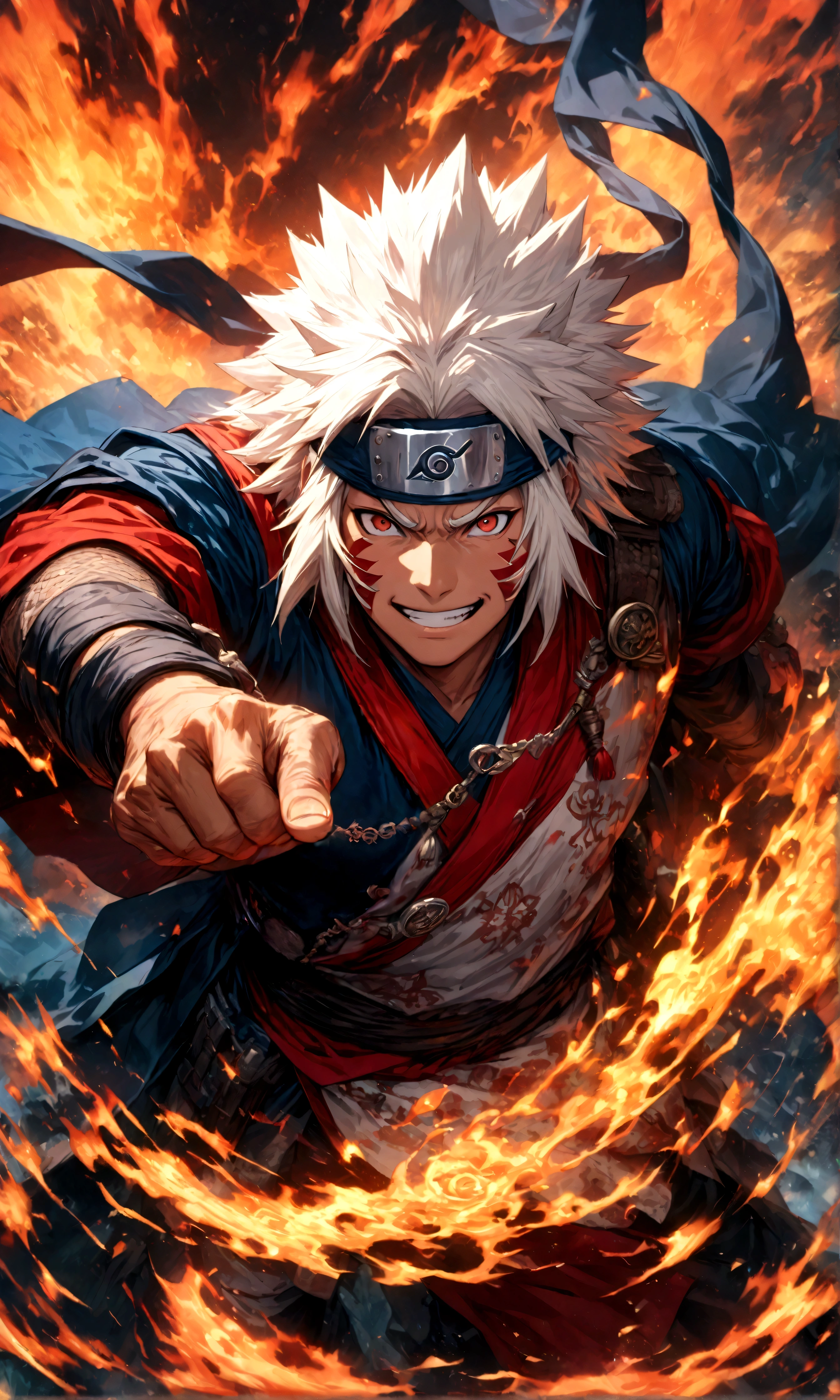 Fixes,(1 middle-aged male,Jiraiya),comics『Naruto』Characters,Unfolded Scroll,Use of magic,Fighting Style,Sarcastic smile,Magical Effect,Intricate details,Wide range of colors,artwork,rendering,(masterpiece:1.3),(highest quality:1.4),(Very detailed:1.5),High resolution,Very detailed,unity 8k wallpaper,Enjoy the fight