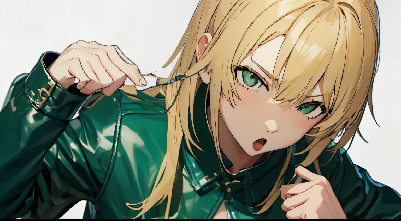 Korean、1 girl、blonde、amount、Green Leather Shirt、Raise your collar、Look up、