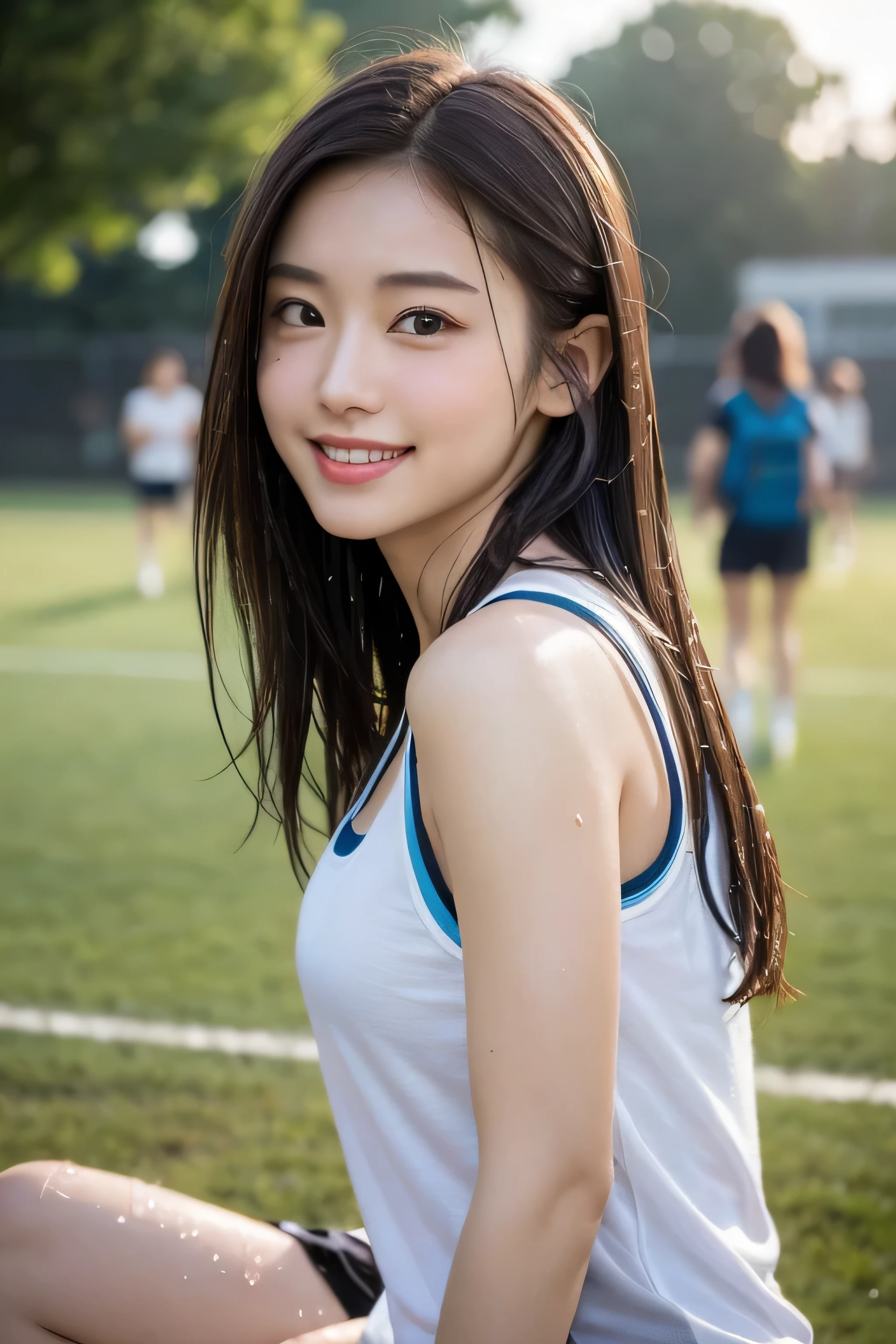 (8k、live-action、Raw photo、highest quality、masterpiece:1.2),(Outdoors),((Perfect lighting)),(Wet hair),Watching the audience,Sexy pose, cute smile,18-year-old,student,White skin,knees,Small Face,Part the front hair from the center、The forehead is visible,skinny,skinny)、masterpiece,highest quality、超A high resolution,one person, solo,Close-up shot、cute、Back to Students,(Sporty clothes:1.3),High school girl,Japanese women,(Photoreal:1.37)、Photon Mapping,Realistic、cuteSmall Face,Brown eyes、prospect、Depth of written boundary、Blurred Background、Real,(I can see the front hair), hair, I can see the knees, thigh,(Nogizaka Idol), actress、Big and ample breasts、Cleavage、Super fine、Low people、(Skin with visible pores:1.2)、(Focus on the face)、8 heads、Natural neck、Check and correct the skeleton