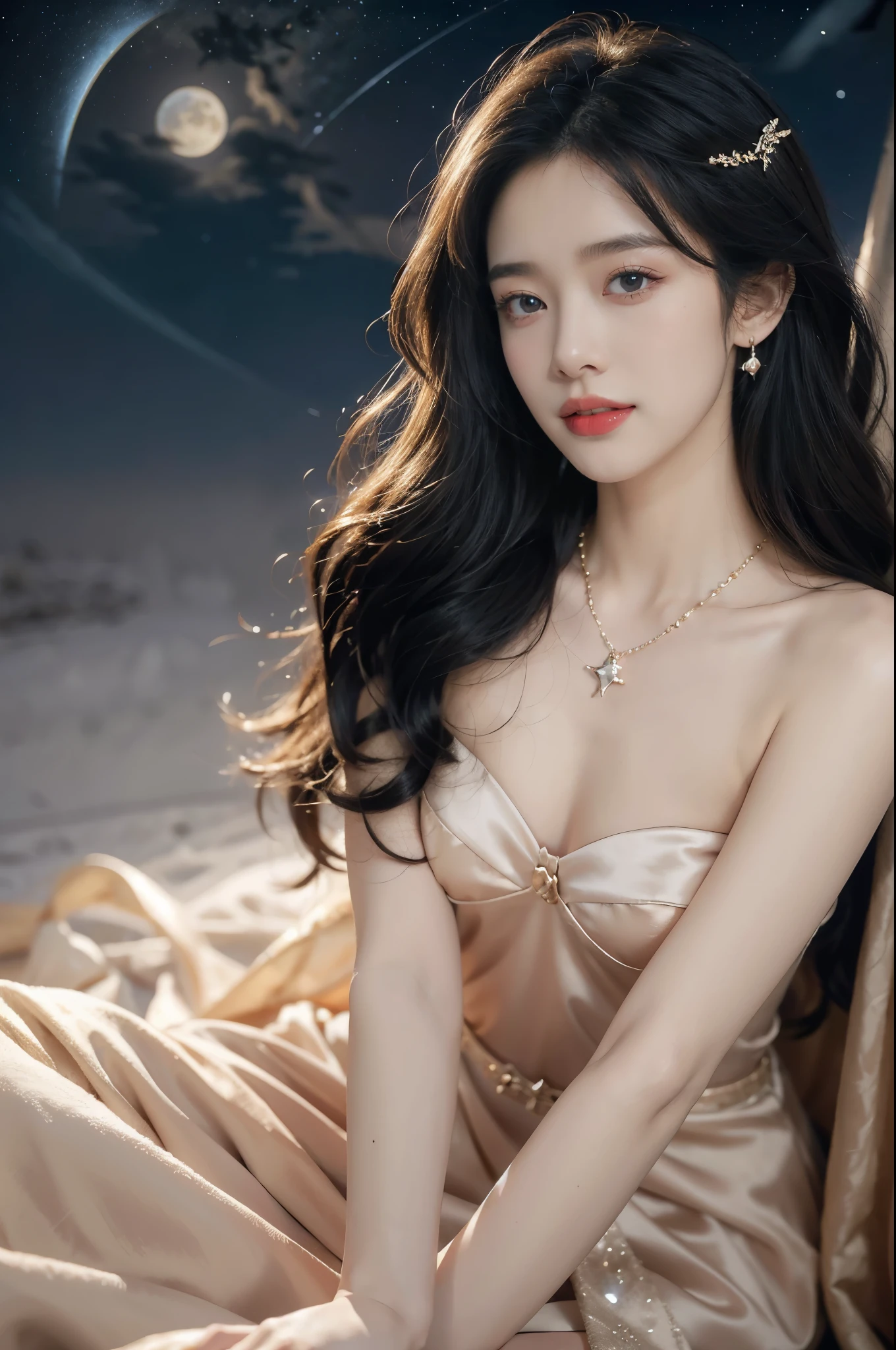 a beautiful girl,strapless gorgeous bra,sitting,on the moon,detailed background of the moon,Moon Goddess,Beautiful Celestial Mage,Goodness of Heaven, Celestial Fairy,very Beautiful fantasy art,8k high quality detailed art,medium straight bob hair,crystal necklace,slim,thin,flat chest,small breasts,best quality,masterpiece,starry sky,night scene,close-up of face,laughing,realistic