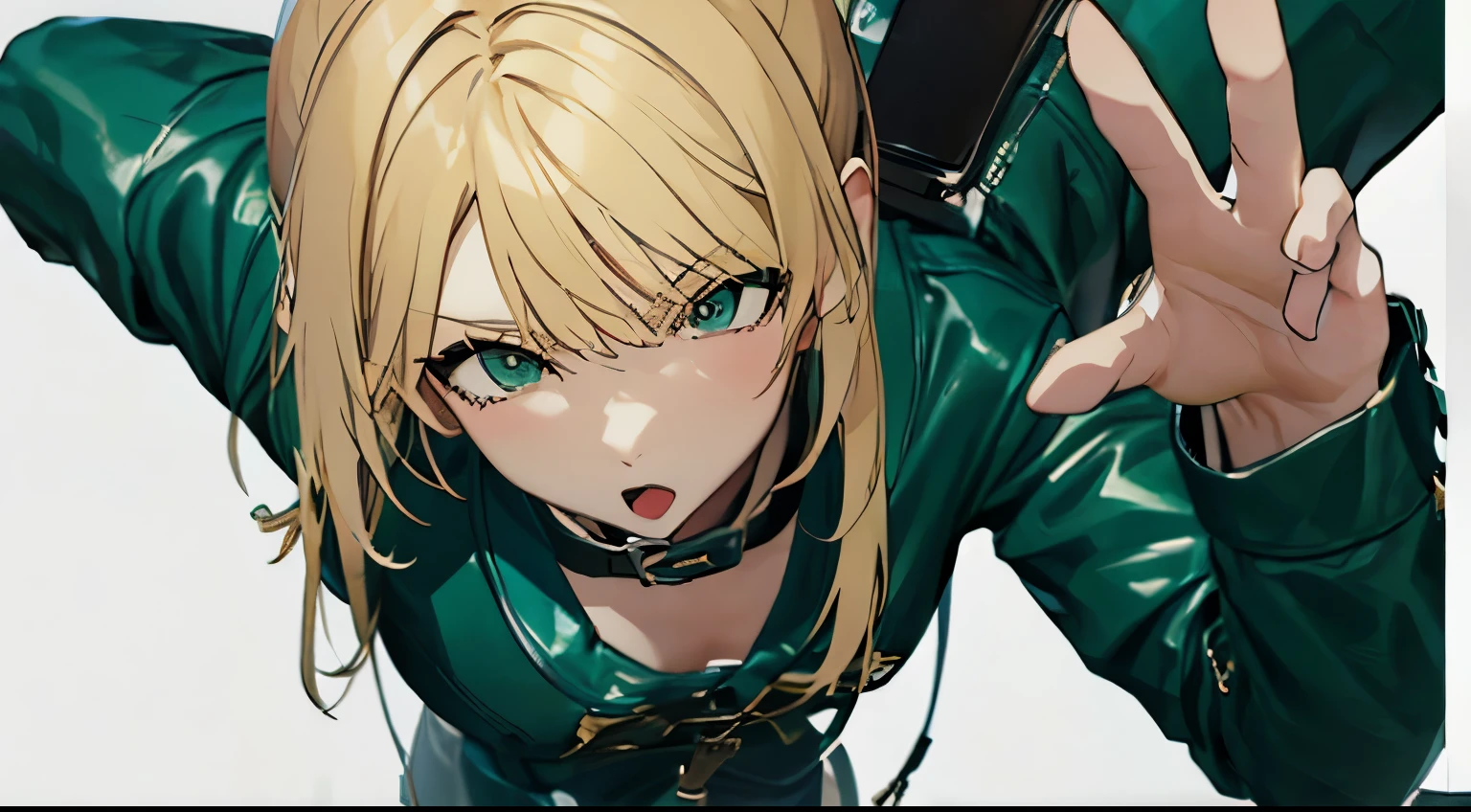 Korean、1 girl、blonde、amount、Green Leather Shirt、Raise your collar、Look up、