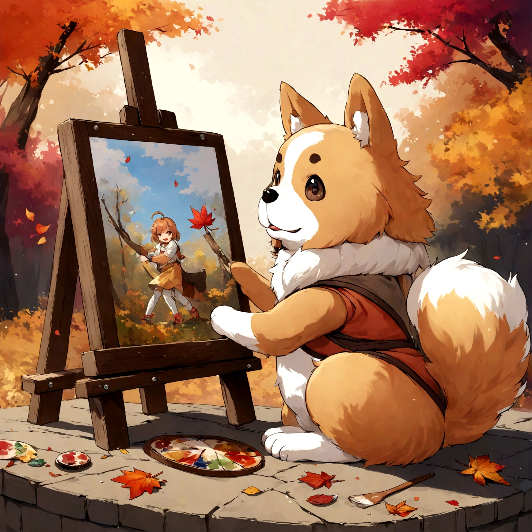 An artistic dog with a palette of autumn colors, painting the changing leaves in a forest.