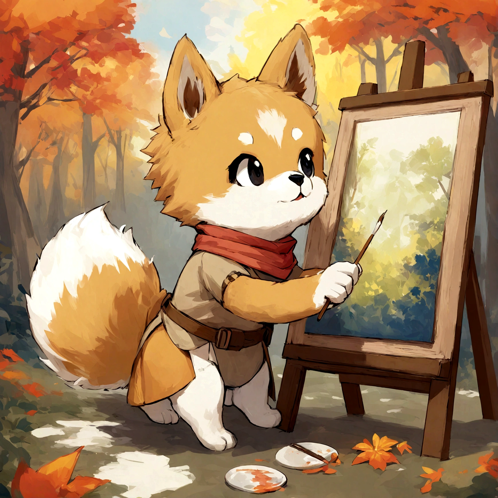 A creative canine artist thoughtfully brushing strokes on a canvas set in a tranquil woodland.