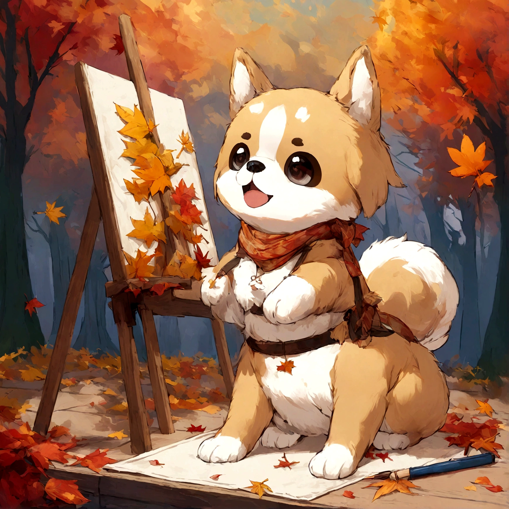 A painterly pup surrounded by a cascade of fall leaves, capturing the essence of the season.