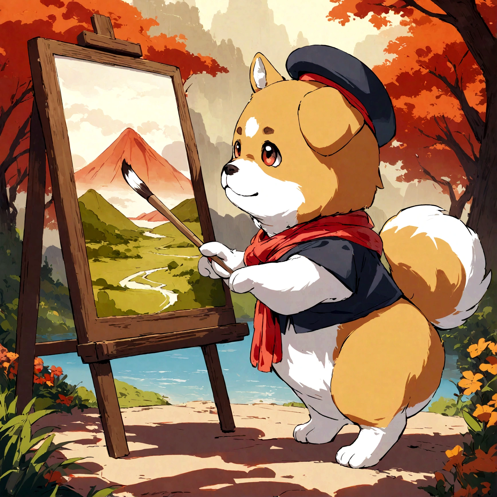 A dog wearing a beret and holding a paintbrush, immersed in the art of landscape painting amidst nature.