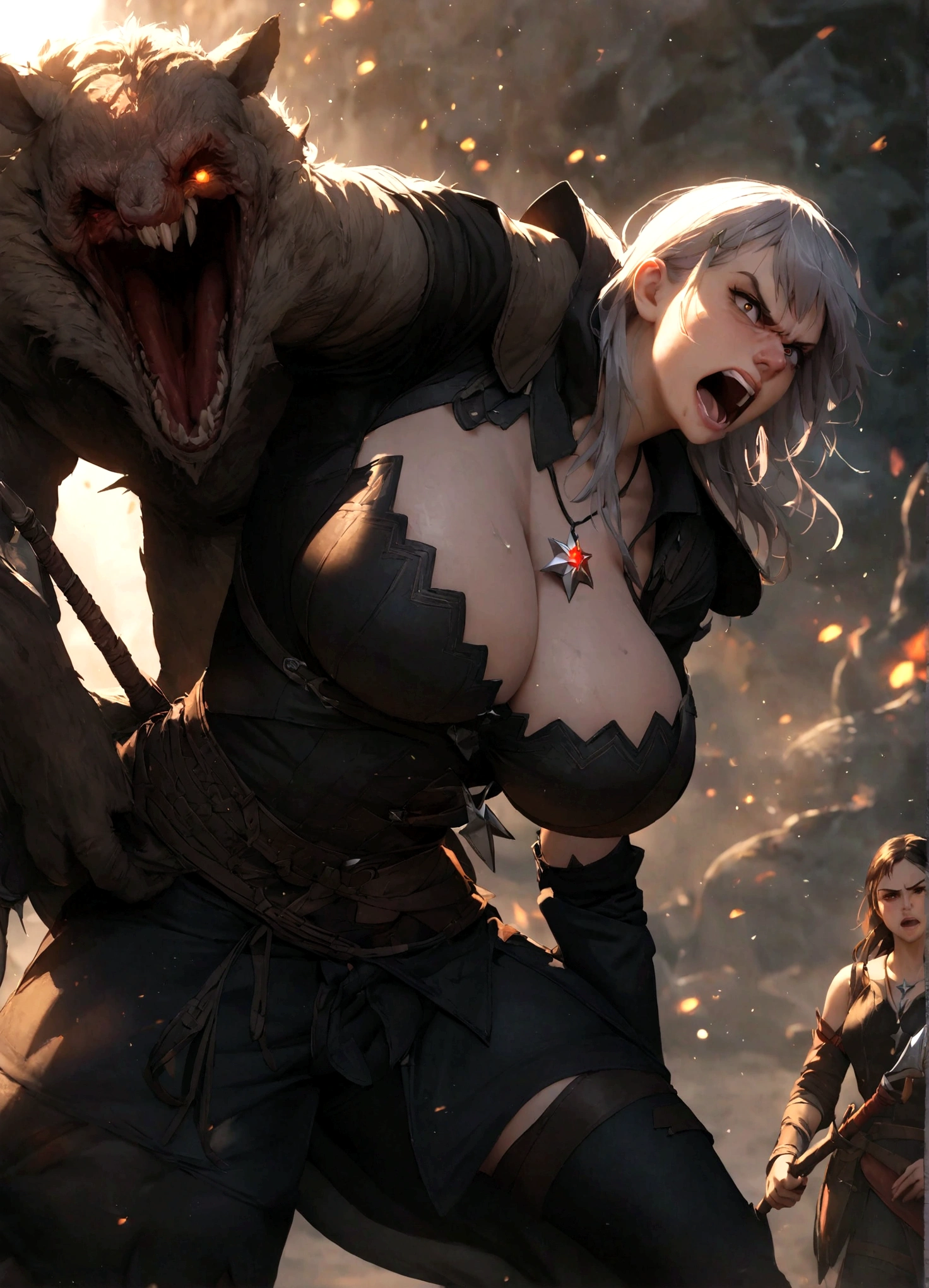 Gal Gadot, as Witcher, from Witcher 3,, Witcher pendant, massive perfect , looking angry, killing monster