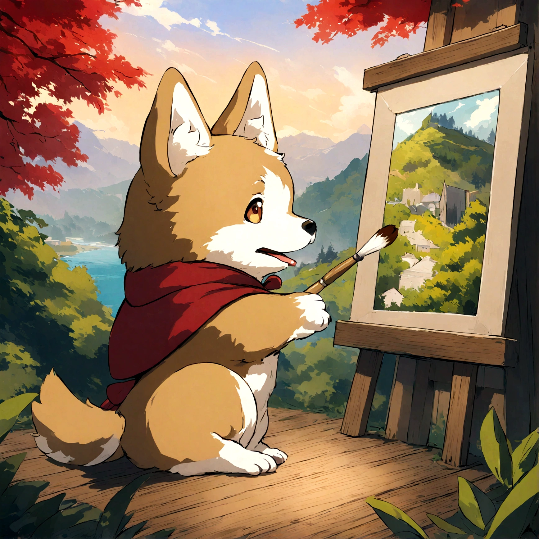 A dog wearing a beret and holding a paintbrush, immersed in the art of landscape painting amidst nature.