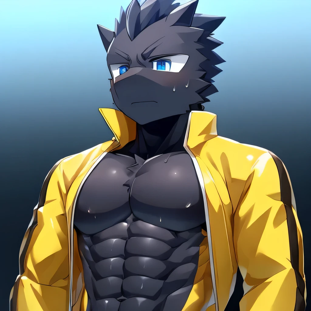 Thin macho western black dragon abs Hollow abs body suit thick arms chest rig 、sweaty skin glow profile Wearily short of breath Chemo shota
have a blue eyes Tired look jacket
